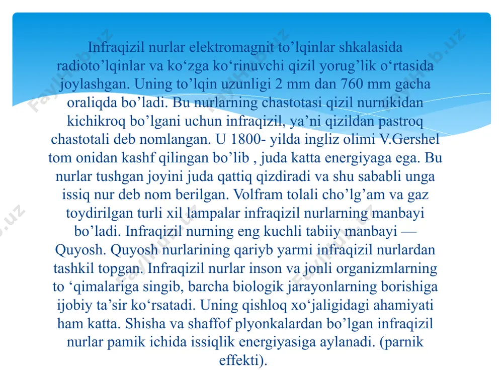 uli tavsiya etiladi. iq ni 5v yoki 3.3v bilan quvvatlang va yerni erga ulang. keyin chiqishni raqamli d9 piniga ulanadi. infraqizil spektroskopiya usuli juda qisqa vaqt oralig’ida molekulalarning nisbiy joylashuvi haqida ma’lumot olish, shuningdek ular orasidagi bog’ xarakterini baholashaga imkon beradi. bu esa turli moddalarning strukturaviy xossalarini o’rganishda muhim hisoblanadi. bu usul asosida infraqizil nurlanish kabi fizik hodisa yotadi. infraqizil nurlanishni, shuningdek “issiqlik” nurlanishi deb ataladi. bunga sabab ma’lum bir haroratgacha qizdirilgan barcha qattiq, suyuq jismlar infraqizil spektrdagi energiyani nurlantiradi. mutloq qora jismning nibatan yuqori bo’lmagan haroratlardagi nurlanish spektri asosan mazkur oraliqda yotadi. infraqizil spektraskopiya usulining mohiyati. infraqizil spektraskopiya – infraqizil sohada, yani to’lqin uzunligining 10-6 dan 10-3 m gacha bo’lgan oraliqdagi elektr magnit nurlanishning yutilish va ajralish spektrini o’rganuvchi molekular optik spektraskopiyaning bo’limidir. yutilgan nurlanish jadalligi – infraqizil spektr to’lqin uzunligi koordinatasi ko’plab maksimum va minimumga ega bo’lgan murrakab egri chiziqlardir. yutilish yo’lagi o’rganilayotgan tizimning asosiy elektron holatning tebranuvchi …