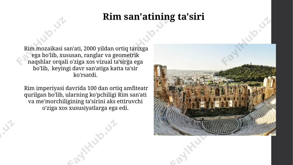 'zg'or buyumlari – 50 dan ortiq turdagi turli xil idishlar, vazalar va boshqa buyumlar edi. releflar rim relyeflarida, masalan, traian ustunida 2500 dan ortiq figuralar tasvirlangan boʻlib, bu voqealar ketma-ketligini va harbiy yutuqlarini batafsil aks ettiradi. imperiya davrida relyef sanʼati yuqori choʻqqiga chiqdi, bu davrda 1-2 metr balandlikdagi katta hajmdagi relyeflar yaratildi, ular imperatorlarning gʻalabalarini va qudratini namoyish etdi. e'tiboringiz uchun rahmat @taqdimot_robot image1.jpg image2.jpg image3.jpg image4.jpg image5.jpg image6.jpg image7.jpg image8.jpg image9.jpg image10.jpg image11.jpg