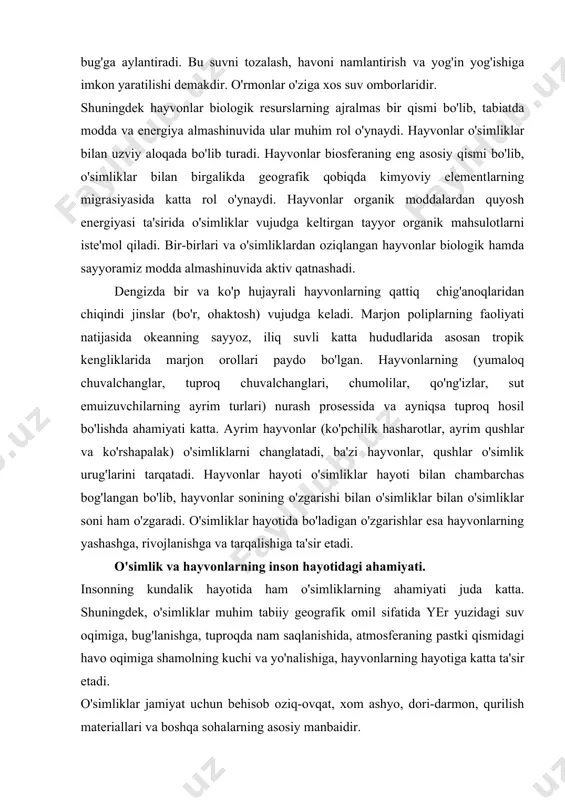 ta. shuningdek, o'simliklar muhim tabiiy geografik omil sifatida yer yuzidagi suv oqimiga, bug'lanishga, tuproqda nam saqlanishida, atmosferaning pastki qismidagi havo oqimiga shamolning kuchi va yo'nalishiga, hayvonlarning hayotiga katta ta'sir etadi. o'simliklar jamiyat uchun behisob oziq-ovqat, xom ashyo, dori-darmon, qurilish materiallari va boshqa sohalarning asosiy manbaidir. o'simliklar har xil kiyim-bosh, ichimliklar tayyorlash uchun shuningdek, chorva mollari uchun asosiy ozuqa manbai bo'lib ham hisoblanadi, insonlarga zavq-shavq beradigan estetik lazzat sifatida ham ahamiyatlidir. yer sharida mavjud bo'lgan 500 ming o'simlik turining 6000 turidan inson kundalik hayotda foydalanadi. shundan 1500 turi dorivor o'simlik sifatida ahamiyatga ega. o'zbekistonda 4148 tur o'simlik mavjud bo'lib, shundan 577 tasi dorivor o'simliklar, 103 turi bo'yoqdor o'simliklar, 560 turi efir moyli o'simliklar hisoblanadi. insonning o'simliklarga ijobiy va salbiy ta'siri ajratiladi. o'rmonlarni tiklash, ko'kalamzorlashtirish, o'simliklarning serhosil navlarini yaratish va boshqalar ijobiy ta'sirga kiradi. insonning salbiy ta'siri oqibatida sayyoramizdagi o'rmonlarning 2/3 qismi yo'q qilingan, ko'plab qimmatli o'simlik turlari yo'qolib ketgan. yangi erlarni …