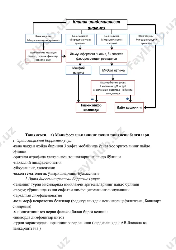 adi. bo'g'imlarning zararlanishi 3 xil variantda bo'ladi: 1. ob'ektiv belgilarsiz ko'chib yuruvchi artralgiyalar 2.giperemiya, bo'g'imlar shishi, og'riq tufayli harakat cheklanishi bilan kechadigan yaxshi sifatli qaytalanuvchi artritlar 3.bo'g'imlarda chuqur tizimli o'zgarishlar bilan kechadigan rivojlanib boruvchi artritlar kechki bosqichlarda atrofik akrodermatit, o'choqli sklerodermiyalar, asab tizimi buzilishlari xos. tashxisoti. a) manifest shaklining tayanch tashxisiy belgilari 1. erta mahalliy borrelioz uchun: -kana chaqqan joyda birinchi 3 hafta mobaynida o'ziga xos eritemaning paydo bo'lishi -eritema atrofida halqasimon toshmalarning paydo bo'lishi -mahalliy limfadenopatiya -uyquchanlik, holsizlik -yaqqol gematologik o'zgarishlarning bo'lmasligi 2.erta disseminirlangan borrelioz uchun: -tananing turli qismlarida ikkilamchi eritemalarning paydo bo'lishi -tarqoq ko'rinishda yaxshi sifatli limfotsitomaning aniqlanishi -tarqalgan limfadenopatiya -polimorf nevrologik belgilar (radikualgiyadan meningoentsefalitgacha, bannvart sindromi) -meningitning yuz nervi falaji bilan birga kelishi -likvorda limfotsitar tsitoz -turli harakterdagi yurakning zararlanishi (kardialgiyadan av-blokada va pankarditgacha ) -yirik bo'g'imlarda konfiguratsiyasi o'zgarmasdan uchib yuruvchi og'riqlarning bo'lishi -boshqa a'zolarning zararlanishi (birinchi o'rinda ko'z) 3.borreliozning surunkali bosqichi uchun: -bo'g'imlarning zararlanishi (artralgiyadan ogir …