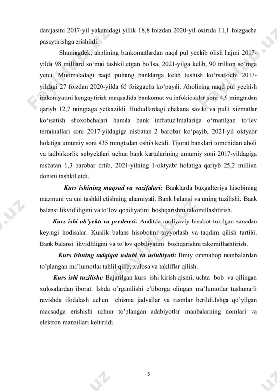 bo‘yicha hisob-kitoblar o‘tkazish, omonatlar jalb etish, kreditlar berish, qimmatli qog‘ozlar chiqarish, xarid qilish va sotish, moliyaviy lizing xizmatini ko‘rsatish, kassa operatsiyalarini bajarish, chet el valutasini sotish va xarid qilish, pul mablag‘lari, hisob-kitob hujjatlarini inkasso qilish va bir qator boshqa operatsiyalarni kiritish mumkin. banklarda buxgalteriya hisobini yuritishning metodologik asoslari banklarda buxgalteriya hisobini tashkil etish asoslari milliy iqtisodiyotimizning turli tarmoqlariga qarashli korxona va tashkilotlarning buxgalteriya hisobi asoslari bilan deyarli o‘xshash. ular o‘zbekiston respublikasining “buxgalteriya hisobi to‘g‘risida”gi qonunida o‘z ifodasini topgan. ushbu qonundan kelib chiqqan holda banklarda buxgalteriya hisobini yuritishning metodologik asoslari quyidagilar hisoblanadi: · xo‘jalik faoliyati haqidagi ma’lumotlarni dastlabki hujjatlarda aks ettirish; · xo‘jalik operatsiyalarini, bank mulkini puldagi ifodasini belgilash; · barcha operatsiyalarni ikkiyoqlama yozuv asosida guruhlash, bunda · yozuvlarni hisobvaraqlar rejasidagi hisob raqamlari asosida olib borish; · hisob-kitob va boshqa operatsiyalar yakunida ma’lum sanaga bank xo‘jalik faoliyatiga tavsif berish, ya’ni bank balansini tuzish. banklarda buxgalteriya ishini tashkil etish asoslari korxonalar buxgalteriya …