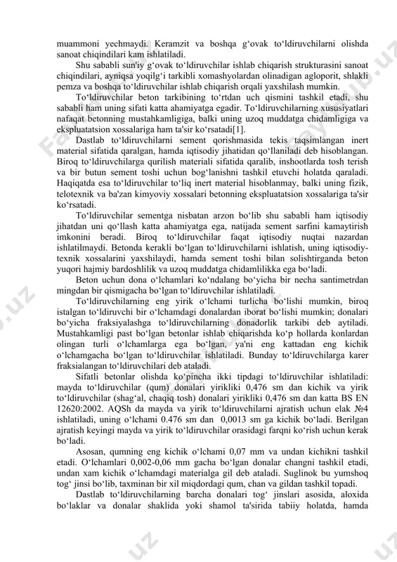 liyati ortadi; egiluvchan konstruksiyalarda kerakli yuk ko‘tarish qobiliyatini saqlagan holda armatura sarfi iqtisod qilinadi keramzit mustahkamligini oshirish uchun ko‘pchish koeffitsientini kamaytirish kerak, faqat uning tannarxi o‘zgaradi. agar uyma zichligi 400 kg/m3 bo‘lgan 1 m3 keramzit shag‘alining tannarxini 100% deb qabul qilsak, u holda uyma zichlik 300 kg/m3 bo‘lgan 1 m3 keramzit shag‘alining tannarxi taxminan 20% ga kamayadi, agar uyma zichlik 500 kg/m3 bo‘lgan 1 m3 keramzit shag‘alining tannarxi taxminan 20% ga ortadi, uyma zichlik 700 kg/m3 bo‘lgan 1 m3 keramzit shag‘alining tannarxi ikki barobar ortadi. keramzit qanchalik og‘ir bo‘lsa, u shunchalik qimmatga tushadi. buni shu bilan tushuntirish mumkunki, bir xil sarf xarajatda ishlab chiqarilgan mahsulotning hajmi ko‘pchish koeffitsientidan ham kichik bo‘lsa, u holda mahsulotning hajmi kamligi sababli 1m3 ga sarflangan harajat ham katta bo‘ladi. keramzit va boshqa sun'iy g‘ovak to‘ldiruvchilarni ko‘pchitish orqali ishlab chiqarishda, boyitishda, xom ashyoni qayta ishlash, qo‘shimchalar kiritish kabi sarf xarajatlarni oqlaydi, qachonki bu barcha ishlar ko‘pchish …