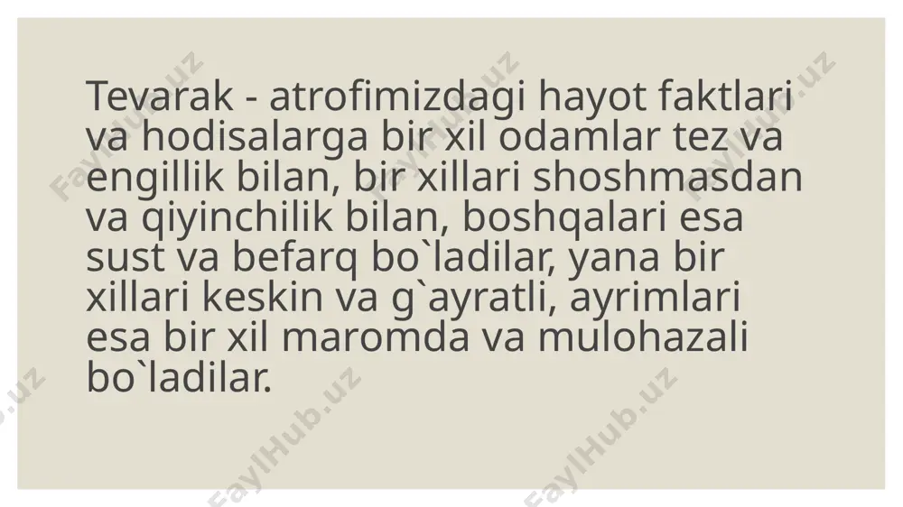 individual xususiyatlarini tushunamiz. bu xususiyatlar turli mazmundagi faoliyatlarda, motivlarda va maqsadlarda nisbatan o`zgarmaydi, hamda temperament tipini ifodalovchi tuzilmani tashqil qiladi. i.p.pavlov ta`limotiga ko`ra, shartli reflekslar hosil bo`lishining xususiyatlari asab tizimining xususiyatlariga bog`liqdir. i.p.pavlov ana shunday xususiyatlardan uchtasini ajratgan: 1) qo`zg`alish va tormozlanish jarayoni kuchi; 2) qo`zg`alish kuchi bilan tormozlanish kuchi o`rtasidagi muvozanatlilik darajasi; 3) qo`zg`alishning tormozlanish bilan almashinish tezligi yoki nerv jarayonlarining harakatchanligi. temperamentni 1 - marta eramizdan oldingi 5 asrda yashagan vrach gippokrat 4 ta tipga ajratadi, hozir bu tiplar gippokrat tiplari deb ataladi. tiplar quyidagicha nomlangan: ”sangvinik”(qon),“xolerik”(safro), “flegmatik”(balg`am), “melanxolik” (qora o`t). hozirgi paytda tushunchalar yangicha mazmun kasb etmoqda. temperament tiplarining psixologik tavsifi quyidagi asosiy xususiyatlar bilan aniqlanadi: 1. senzitivlik, ya`ni psixik reaktsiyani yuzaga keltirmoq uchun zarur bo`lgan nihoyatda kuchsiz tashqi taassurot kuchiga qarab xulosa chiqarish. 2. reaktivlik - bir xil kuch bilan ta`sir qiluvchi tashqi va ichki taassurotlarga odam qanday kuch bilan emotsional reaktsiya qilishiga qarab xulosa chiqarish …
