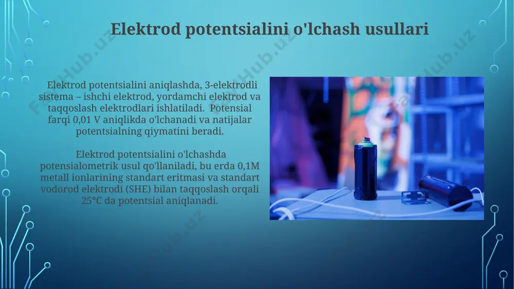 ng spontan yoki no-spontan ekanligini aniqlash mumkin. agar e > 0 bo'lsa, reaksiya spontan, e < 0 bo'lsa, no-spontan hisoblanadi. nernst tenglamasi galvanik elementlarning eyk (elektromotor kuch) ni hisoblashda, shuningdek, elektroliz jarayonlarini tahlil qilishda qo'llaniladi, masalan, 2 elektronli reaksiya uchun e ni aniqlashda n=2 bo'ladi. galvanik elementlar va ularning ishlash mexanizmi metallarning standart elektrod potentsiallari (e°) ularning elektrokimyoviy faolligini aks ettiradi. masalan, zn ning e° = -0,76 v, cu ning e° = +0,34 v. bu farq galvanik elementda 1,1 v kuchlanish hosil qilishini ko'rsatadi. galvanik elementlar ikki xil metallning elektrod potentsiallari farqi tufayli 0,76 v dan 3,0 v gacha bo'lgan kuchlanish hosil qiladi. bu farq elektronlarning ko'proq elektrokimyoviy faol metalldan kam faol metallga o'tishi natijasida yuzaga keladi. metallarning elektrod potentsialiga konsentratsiya ta'siri 1m dan 0.1m gacha ion konsentratsiyasining kamayishi, 25°c da reaksiya uchun standart elektrod potentsialiga nisbatan +0.059 v ga o'zgarish keltirib chiqaradi, agar n=1 bo'lsa. metallarning elektrod potentsiali, konsentratsiya …