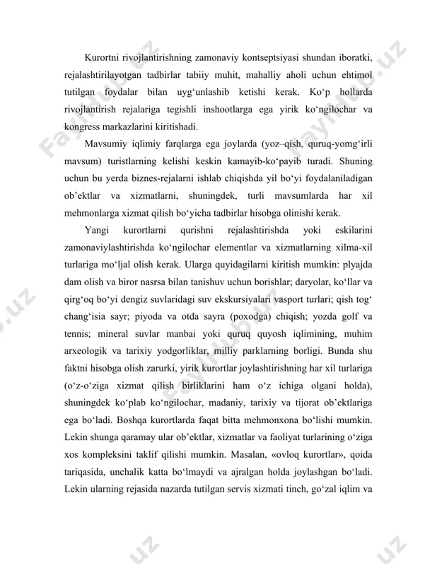 irik shaharlar hududida joylashgan kurortlarda (urbanizatsiyalashgan kurortlar) shaharga xos bo‘lgan yerdan foydalanish va faoliyat turlari birlashib ketadi. lekin iqtisodiy jihatdan ularning ishi asosan faoliyatning kurort turlariga asoslanadi (joylashtirish, davolash, shuningdek boshqa turistik xizmatlar). qoida tariqasida, bunday turdagi kurortlar muhim ko‘ngilochar elementlar (plyajlar, tog‘lar, tog‘chang‘i qiyaliklari va boshqalar)ga yaqin joylashadi va ularning ekologik sifati va iqtisodiy hayot qobiliyati yaxshilanishi bo‘yicha choralar amalga oshirilishini talab qiladi. keyingi yillarda turizmni rejali rivojlantirish asosida yaratilayotgan kurortlar o‘z ichiga xizmat ko‘rsatuvchi xodimlar yashaydigan maxsus shaharchalarni ham olmoqda ya’ni hayotiy layoqatga ega kurort shaharchalari yuzaga keltirilmoqda. shaxar turizmi turizmning bunday shakli ayniqsa tarixiy va madaniy yodgorliklar, magazinlar, restoranlar, shahar infrastrukturasining o‘ziga xos elementlari ko‘p bo‘lgan shaharlarda tobora ko‘proq rivojlanmoqda. mahalliy aholiga xizmat ko‘rsatish uchun tuziladigan ko‘plab ob’ektlardan turistlar ham foydalanishadi, ular mamlakatlar o‘rtasidagi chegaralarda kirish va chiqish punktlari, shuningdek, yaqin oradagi turistik zonalarga ekskursiyaga chiqish uchun baza bo‘lib xizmat qiladi. turizmni rivojlantirishni rejalashtirisha turib, shu narsani …