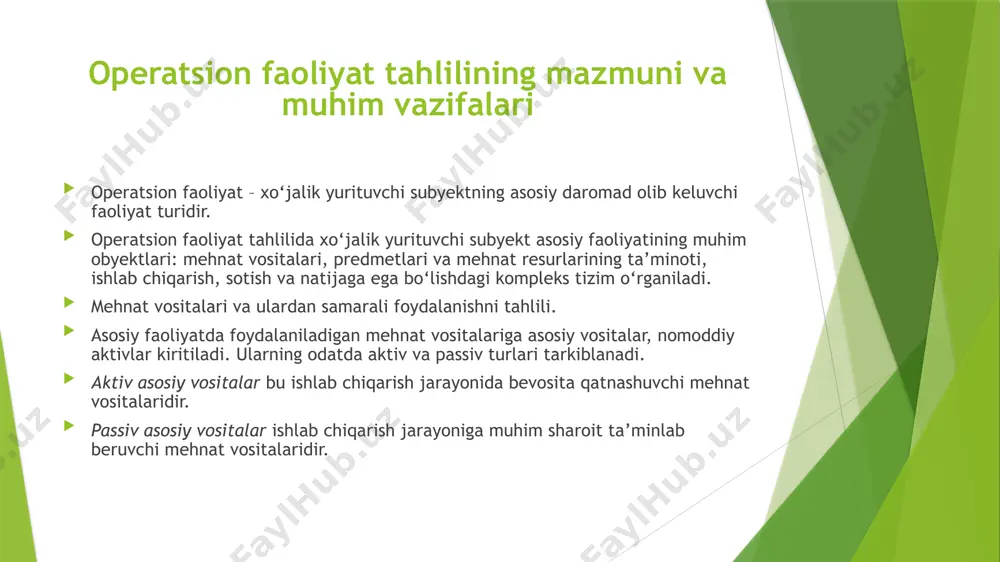 tazam taqsimlash va o‘tkazish ko‘rinishida eskirishning qiymat ifodasi foydali xizmat muddati korxona aktivdan foydalanadigan vaqt davri yoki korxona ushbu aktivdan foydalanishdan olishni mo‘ljallayotgan mahsulot (ishlar va xizmatlar) miqdori. qurib bitkazish, asbob-uskunalar bilan to‘liq jihozlash, qayta qurish, zamonaviylashtirish va texnik qayta qurollantirish bo‘yicha ishlar tugatilganidan so‘ng foydalanishga kiritilgan asosiy vositalar uchun foydali xizmat muddati bo‘lib ushbu ishlar tugatilganidan so‘ng mazkur asosiy vositalar foydalanishga kiritilgan paytdan boshlab korxona tomonidan asosiy vositalardan foydalaniladigan vaqt davri yoki korxona ushbu asosiy vositalarni qo‘llashdan kutayotgan mahsulot (ishlar, xizmatlar) miqdori hisoblanadi boshlang‘ich qiymat to‘langan va qoplanmaydigan soliqlarni (yig‘imlarni), shuningdek‚ aktivni undan maqsadga muvofiq foydalanish uchun ishchi holatiga keltirish bilan bevosita bog‘liq bo‘lgan yetkazib berish va montaj qilish, o‘rnatish, ishga tushirish va istalgan boshqa xarajatlarni hisobga olgan holda, asosiy vositalarni tiklash (qurish va qurib bitkazish) yoki xarid qilish bo‘yicha qilingan xarajatlarning qiymati joriy qiymat ma’lum sanadagi amal qilayotgan bozor narxlari bo‘yicha asosiy vositalarning qiymati yoki xabardor qilingan, bitimni …