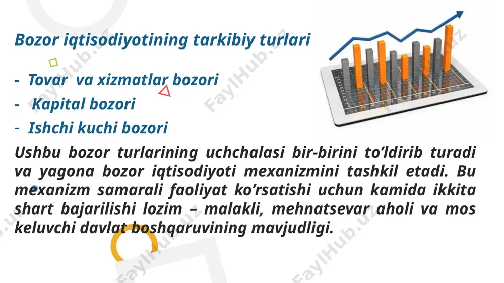 hli asarlar, ijrochilik xizmati va turli tomosha xizmatlari sotiladi. bu bozorning muhim unsuri litsenziya bozori va hozirgi kunda shou-biznes va kino bozorlaridir. 6. qurol-aslaha bozori bozorning alohida turini tashkil etadi, bu erdagi tovarlar iste’mol buyumlari ham emas, resurslar ham emas. bu erda xavfizlikni ta’minlovchi qurol-yarog’lar sotiladi. bu bozor salonlar va ko’rgazmalar shaklida bo’ladi. mayda qurollar magazin orqali sotiladi. bozor o’zining qamrov doirasi jihatidan mahalliy, hududiy, milliy va jahon bozorlariga bo’linadi. bozor qanchalik turga bo’linmasin, ixtisoslashmasin, baribir, u oldi-sotti orqali kishilar o’rtasidagi iqtisodiy aloqalarni o’rnatishga hizmat qiladi. bozor o’zining qamrov doirasi jihatidan mahalliy, hududiy, milliy va jahon bozorlariga bo’linadi. bozor qanchalik turga bo’linmasin, ixtisoslashmasin, baribir, u oldi-sotti orqali kishilar o’rtasidagi iqtisodiy aloqalarni o’rnatishga hizmat qiladi. bozor iqtisodiyotining rivojlanish tarixi g’arbga nisbatan sharq mamlakatlarida taraqqiyot ancha oldin boshlangan. insonning iqtisodiyot sohasidagi faoliyati, bozor, savdo kabilar osiyo xalqlari ichida juda qadimgi davlardayoq boshlanib, so’ngra g’arbga, ovro’pa xalqlariga tarqala boshlagan. sharq bozori, markaziy osiyo …