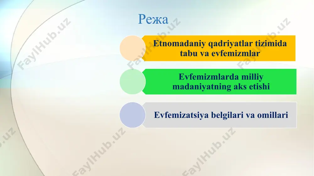 ishiga ko`ra fe`l ot ellipsiya metafora sinegdoxa metonimiya idrok xaritasi olmosh 6 evfemizm haqida gapirishdan avval uch hodisani farqlash zarur: i. tabu iii. disfemizm (kakofemizm) ii. evfemizm evfemizmlarda madaniy o‘xshashliklar rus tilida medved so`zining o‘rniga lesnuk, xozyayin, potapich; kabardin tilida ayiq – maymoq, bo‘ri – kulrang, ilon –uzun dumli, to‘ng‘iz – yirik, kiyik – sershox, quyon – uch labli; o‘zbek tilida bo‘ri – jondor, chayon – kajdum, ilon – arg‘amchi so‘zlari ishlatiladi. evfemizmlarda madaniy o‘xshashliklar aksariyat lingvomadaniyatlarda keng tarqalgan evfemik so‘zlardan biri “o‘lim”dir. masalan, rus tilida uyti, ushyol iz jizni, turk tilida vedalashmak, koreys tilida torakata (qaytib ketmoq), hind tilida kxo yana (unut bo‘lmoq), ingliz tilida to be asleep in the arms of god (xudoning qo‘llarida uyquga ketmoq) evfemalari ishlatiladi. yoki o`zbek tilida homilador ayolga nisbatan og`iroyoq, ikkiqat; turk tilida gebe o`rnida hamile, rus tilida v polojeniye evfemalari ishlatiladi. sharq madaniyati uchun me’yor hisoblangan holatlar g‘arb madaniyati uchun tabu, yoki …