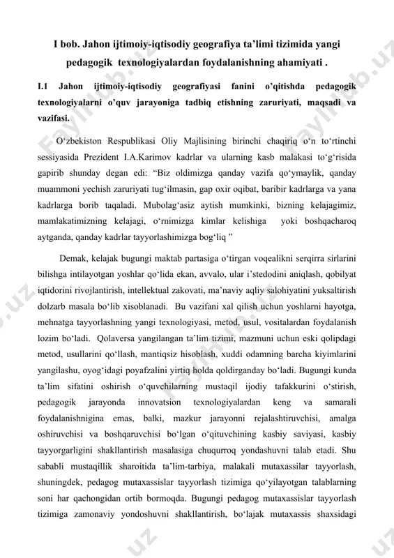 ifani xal qilish uchun yoshlarni hayotga, mehnatga tayyorlashning yangi texnologiyasi, metod, usul, vositalardan foydalanish lozim bо‘ladi. qolaversa yangilangan ta’lim tizimi, mazmuni uchun eski qolipdagi metod, usullarini qо‘llash, mantiqsiz hisoblash, xuddi odamning barcha kiyimlarini yangilashu, oyog‘idagi poyafzalini yirtiq holda qoldirganday bо‘ladi. bugungi kunda ta’lim sifatini oshirish о‘quvchilarning mustaqil ijodiy tafakkurini о‘stirish, pedagogik jarayonda innovatsion texnologiyalardan keng va samarali foydalanishnigina emas, balki, mazkur jarayonni rejalashtiruvchisi, amalga oshiruvchisi va boshqaruvchisi bо‘lgan о‘qituvchining kasbiy saviyasi, kasbiy tayyorgarligini shakllantirish masalasiga chuqurroq yondashuvni talab etadi. shu sababli mustaqillik sharoitida ta’lim-tarbiya, malakali mutaxassilar tayyorlash, shuningdek, pedagog mutaxassislar tayyorlash tizimiga qо‘yilayotgan talablarning soni har qachongidan ortib bormoqda. bugungi pedagog mutaxassislar tayyorlash tizimiga zamonaviy yondoshuvni shakllantirish, bо‘lajak mutaxassis shaxsidagi ijodkorlik, tadqiqotchilik, mustaqillik va bilish faolligi kо‘nikmalarini rivojlantirish oliy ta’lim muassasalarida о‘qitiladigan umumkasbiy fanlarning muhim vazifalaridan sanaladi. bugungi kunda ta’lim tarbiya jarayonini pedagogik texnologiyalar asosida qurish, ta’lim islohotlarining maktab oldiga qо‘ygan muhim vazifalaridan biridir. ta’lim tarbiya jarayoniga pedagogik texnologiyani tadbiq …