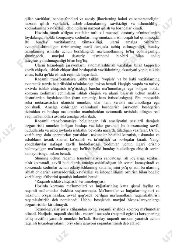 radigan texnologiyalarga sarflanishi mumkin bo'lgan qimmatli manbalarga katta mablag '. 2.sanoat raqamlashtirish to'g'risida nimalarni bilishingiz kerak raqamli transformatsiya, mubolag'asiz, sanoat texnologik rivojlanishining asosiy oqimidir. zamonaviy sanoat ishlab chiqarishi o'z ishining barcha jabhalarida raqamli va kompyuter texnologiyalaridan foydalanadi. texnologik jarayonni to'g'ridan-to'g'ri boshqarish va boshqarishdan tortib, biznesni rejalashtirish va ish oqimiga qadar deyarli barcha jarayonlar hozirgi vaqtda raqamli ma'lumotlar va raqamli infratuzilma yordamida amalga oshirilmoqda. shunga qaramay, raqamli transformatsiya jarayoni hali boshlang'ich bosqichida. mckinsey global institute tomonidan o'tkazilgan tadqiqotga ko'ra, raqamli texnologiyalarning o'z biznes salohiyatini ro'yobga chiqarish darajasida moslashish darajasi 2018 yilga kelib taxminan 20% ga baholanmoqda va sanoatda bu ko'rsatkichlar umuman iqtisodiyotga nisbatan pastroq. shu bilan birga, raqamli transformatsiya tufayli biznesning umumiy o'sishi 13 trillion dollardan oshishi mumkin. yetakchi sanoat korxonalari, "eng yaxshi kvartil" deb ataladigan kompaniyalar, o'rtacha ko'rsatkichlar ko'rsatkichlari bilan raqobatdosh kompaniyalardan sezilarli darajada oshib ketishadi - bu ko'rsatkichlar korxona holati baholanadi. buni ishlab chiqarish samaradorligi jihatidan ham, ishonchliligi va …