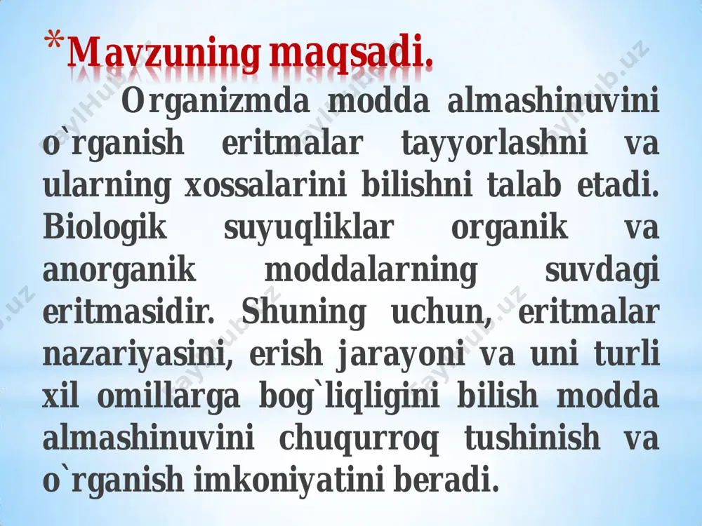 eruvchanligi ularning bosimiga to`g`ri proporsionaldir • = k  p genri-dalton qonuni • gazlar aralashmasidagi berilgan gazning suvdagi eruvchanligi uning parsial bosimiga to`g`ri proporsionaldir • i = ki  pi sechenov qonuni eritmalarning kolligativ hossalari osmos va osmotik bosim eritmalar qaynash haroratining ko`tarilishi eritmalar muzlash haroratining pasayishi eritma ustidagi bug` bosimining kamayishi *osmos va osmotik bosim har xil konsentratsiyali eritmalar chegarasida erituvchi molekulalarining yarim otkazgich membrana orqali bir tomonlama diffuziyasi osmos deyiladi. osmos vaqtida erigan modda zarrachalarining idish devorlariga ko`rsatayotgan bosimi osmotik bosim deyiladi, ya`ni bu osmosga qarshilik qilishda vujudga keladigan bosimdir. osmotik bosimning qiymati vant-goff qonuni yordamida hisoblanadi. osmotik bosim osmometr yordamida o`lchanadi. vant-goff qonuni p = crt – noelektrolitlar uchun p = ίcrt – elektrolitlar uchun osmotik bosim qiymati eritma konsetratsiyasiga va haroratga to`g`ri proporsionaldir q o n g a n is b a ta n t u rl i x il o sm o ti k b …