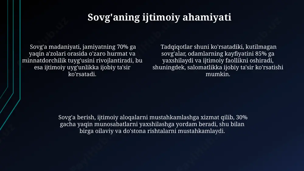 natdorchilik bildirish, sovg'a beruvchiga nisbatan hurmat belgisidir, bu munosabatlarning mustahkamlanishiga olib keladi. sovg'a beruvchining yoshi va ijtimoiy mavqeiga qarab, unga 3-5 ta minnatdorchilik so'zlari aytish, sovg'ani qadrlashni ko'rsatadi va hurmatni namoyon qiladi. sovg'a qabul qilishda ikki qo'l bilan olish, minnatdorchilik bildirish va sovg'aning ahamiyatini ta'kidlash odob-axloqning muhim jihatlaridan biri hisoblanadi, bu munosabatlarni mustahkamlashga yordam beradi. sovg'a va munosabatlar tadqiqotlar shuni ko'rsatadiki, 100 ta sovg'a berish holatining 70 tasida qimmatbaho sovg'alar emas, balki e'tibor va g'amxo'rlikni ifoda etuvchi kichik sovg'alar munosabatlarga ijobiy ta'sir ko'rsatadi. sovg'a tanlashda insonning shaxsiy xususiyatlari va qiziqishlarini hisobga olish, ya'ni psixologik tipini va 5 ta sezgi turini aniqlash, munosabatlarni yanada mustahkamlashga yordam beradi. sovg'a berish munosabatlarning 3 ta asosiy turiga – do'stona, oilaviy va ishqiy munosabatlarga – ijobiy ta'sir ko'rsatishi mumkin, bu esa o'zaro ishonch va yaqinlikni 20-30% ga oshiradi. e'tiboringiz uchun rahmat @taqdimot_robot