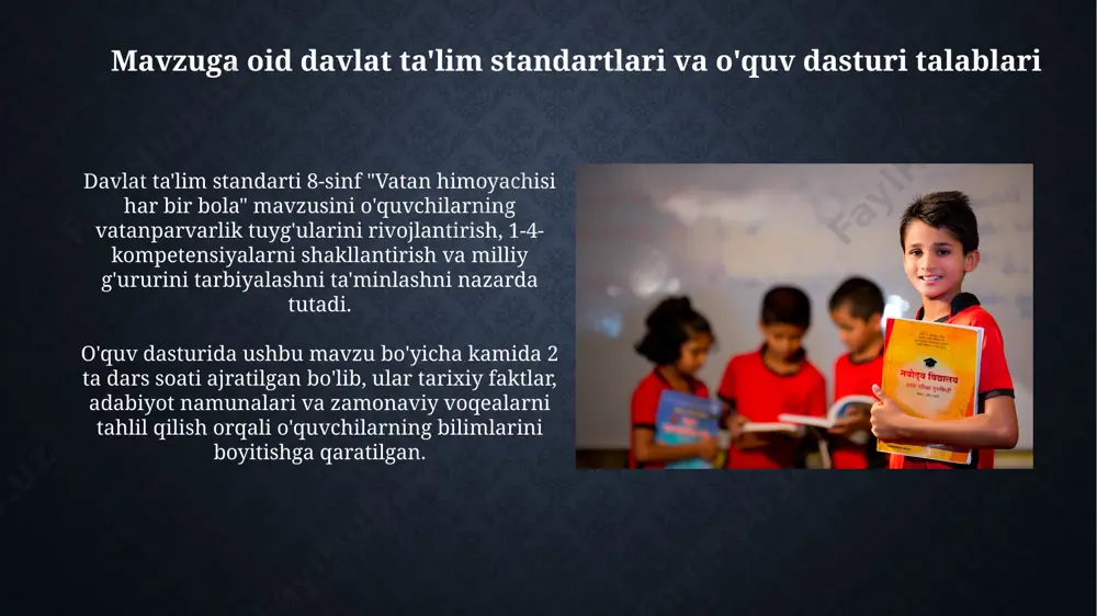 lik tizim) kabi usullar qo'llanishi mumkin. adabiyot va san'at asarlaridan foydalanish mavzu bo‘yicha 3 ta turli janrdagi (she’r, hikoya, qissa) adabiy asarlarni taqqoslash orqali o‘quvchilarning muloqot, tahlil va taqqoslash ko‘nikmalarini rivojlantirishga yordam berish mumkin. “vatan himoyachilari” mavzusidagi 5-6 ta badiiy asarni tahlil qilish orqali patriotizm, jasorat, fidoyilik kabi tushunchalarni chuqurroq anglash va o‘quvchilarning dunyoqarashini shakllantirishga erishish mumkin. e'tiboringiz uchun rahmat @taqdimot_robot image2.jpg image3.jpg image4.jpg image5.jpg image6.jpg image7.jpg image8.jpg image9.jpg image10.jpg image11.jpg image12.jpg image13.jpg image14.jpg image15.jpg image16.jpg image17.jpg image18.jpg