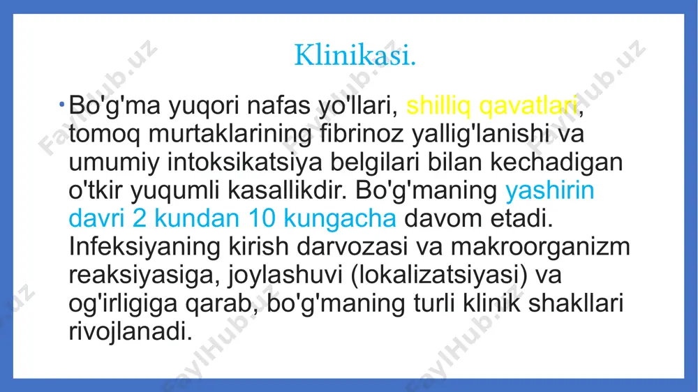 amaya boradi, 3 haftadan 6 haftagacha davom etadi. antibiotiklar berilmasa 10 oygacha davom etishi mumkin, shu sababli 100 kun yoʻtal deb nomlangan. 6 oydan kichik koʻkrak yoshidagi bolalarda yoʻtal hurujlari apnoe bilan kuzatiladi, katta yoshdagi odamlarda faqat quruq yoʻtal kuzatiladi — bu kasallikning atipik kechishidir. koʻkyoʻtal oʻpka shamollashiga, oʻrta quloq yalligʻlanishiga va ikkilamchi infektsiyalarga sabab boʻladi. kuchli yoʻtal chov hamda kindik churralarini keltirib chiqaradi. koʻkyoʻtal (frans. cogueluche) -boʻgʻilib-boʻgʻilib yoʻtal tutishi bilan kechadigan oʻtkir yuqumli kasallik. koʻpincha bolalarda uchraydi. borde-jangu tayoqchasi degan bakteriya qoʻzgʻatadi (uni kashf etgan belgiyalik j. borde va fransiyalik o. jangu nomidan). havo-tomchi yoʻli orqali yuqadi. kasal bola aksirganda, yoʻtalganda havoga tarqalgan shilliq tomchilaridagi k. tayoqchasi sogʻlom bolaning nafas yoʻllari orqali organizmga kiradi. davosi. kun tartibiga rioya qilish, sof havodan bahramand boʻlish, oz-ozdan, lekin dam-badam toʻyimli ovqat berib turish tavsiya etiladi. bemorni vrach davolaydi diagnostikasi: koʻp hollarda 2 stadiyada tashhis qoʻyiladi. differential diagnoz asosan broxial astma, sil, surunkali …