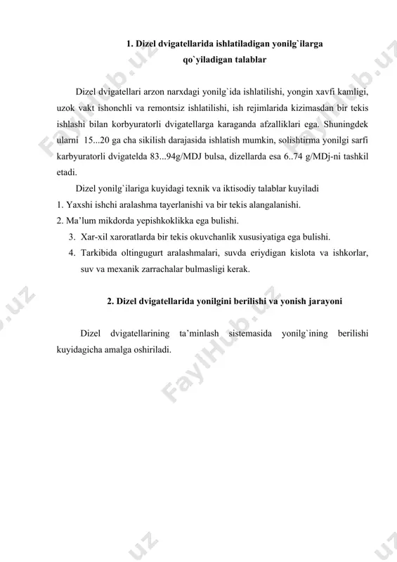 xanik zarrachalar va asfalt-smola moddalaridan tozalanadi. filtrlangan yonilg`i yonilgi nasosi 2 ga tushadi va katta bosim ostida trubalar 3 orkali forsunkalar 4 ga suriladi. forsunkalar ma’lum yonish burchagi va bosim ostida yonilg`ini mayda 0,003…0,150 mm li tomchilar kurinishida silindrlarning sikilgan xavo yigilgan yonish kamerasi 5 ga purkaydi. xavo, silindrlarga xavo tozalagich 2 orkali mexanik zarrachalardan tozalangan xolda beriladi. turt taktli dizel dvigatellarida ishchi jarayon shunday utadiki, birinchi taktda (surish taktida) silindrga yaxshi tozalangan xavo kirib ikkinchi taktda (sikish taktida) sikiladi. u vaktda ishchi kameradagi bosim 3,4…4,4 mpa ga, xarorat esa 6000…9000 s gacha kutariladi. porshen yukori chetki nuktaga yetib kelishidan oldin tirsakli valni 140…2800 burilishida sikilgan xavoli yonilg`i kamerasiga yonilg`i purkay boshlanadi. kameradagi sikilgan xavoning bosimi 2…5 mpa, xarorat 6000…7000 s buladi. yonilg`ini purkash porshen yukori chetki nuktadan kaytganidan keyin, tirsakli valni 60…120 burilishida tugaydi. bu davrda yonilg`i xavo bilan tezda aralashadi, buglanadi va uzidan yonib ketadi. bu jarayon 0,002…0,003 …