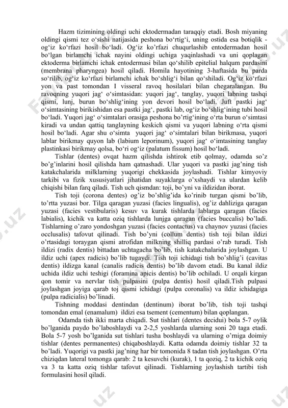 tadi. jigardan doimiy ravishda ovqatlangandan 20-30 minutdan so‘ng o‘t ajralib chiqadi va 12 barmoqli ichakka quyiladi. o‘t yog’larni emulsiyalaydi, suvda yaxshi erishini tezlashtiradi, ovqat hazm qilish kanalini harakatini yaxshilaydi, ichakdagi mikroblarni o‘ldiradi. bolaning yoshi ortishi bilan jigarning hajmi, og‘irligi tuzilishi o‘zgarib boradi. yangi tug‘ilgan bola jigarning og‘irligi 130 g, 2-3 yoshda - 460 g, 6-7 yoshda - 675 g, 8-9 yoshda - 720 g, 12 yoshda - 1130 g, 16 yoshda -1260 g. bolalar o‘t kislotasining konsentratsiyasi va miqdori kam bo‘ladi. bolalar orasida oshqozon - ichak kasalliklari 1 yoshgacha - 40%, 5 yoshgacha - 30% va 5 yoshdan yuqorilarda 15-20% tashkil etadi. noto‘g‘ri ovqatlanish, ovqatlanish gigiyenasining buzilishi, issiq sharoit og‘riq bolalarda ovqat hazm qilish organlarining yomon ishlashiga olib keladi. bolalar ovqat hazm qilish tizimining harakterli belgisi: shillik, qavati nozik, qon va limfa tomirlariga boy, elastikligi sust. bu esa oshqozon-ichak traktining tez yallig‘lanishiga va kasallikning og‘ir kechishiga sabab bo‘ladi. bundan tashqari …