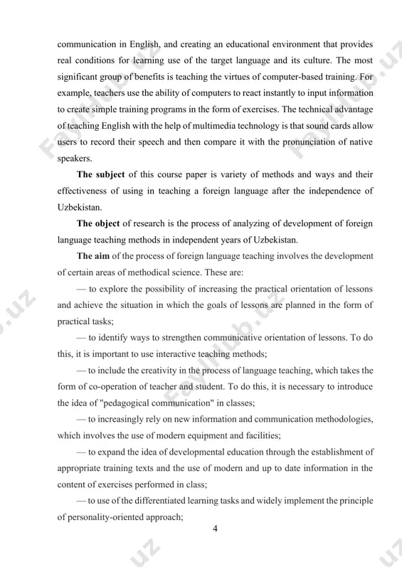 plied by teachers of any subjects in primary and secondary schools. the bibliography contains the most known and important researches for the given work of teachers-innovators and scientists: psychologists, didactists, methodologists. the appendix included some exercises that for any reasons has not come in the basic part of course work. chapter i teaching and learning foreign languages in uzbekistan for independence years 1.1 foreign languages teaching reforms in uzbekistan. the end of 1990’s and beginning of 2000’s marked a new era in foreign languages teaching in uzbekistan when all stakeholders including teachers, students, schools, colleges, and universities started to feel that they were ready for change in the way foreign languages were taught and learned. nevertheless, there was uncertainty on how these changes would be implemented, what kind of changes should be introduced, who would be the initiator of the changes and what people’s reactions would be to the changes …