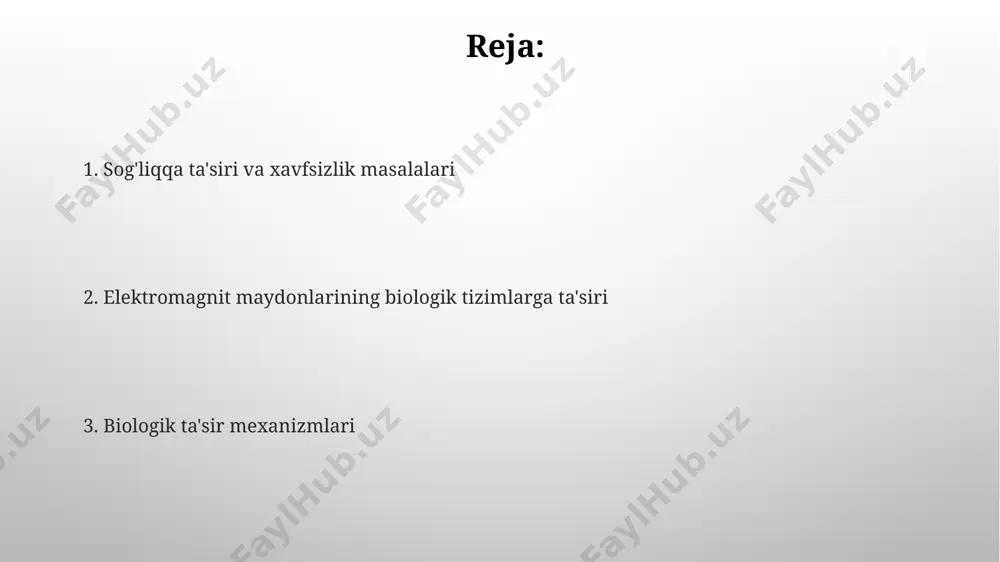 tsiyasi o'zgaradi, bu esa hujayra signalizatsiya yo'llarini faollashtiradi. elektromagnit maydonlarining biologik ta'sir mexanizmlari 50 hz chastotali past chastotali elektromagnit maydonlar ta'sirida erkin radikallar hosil bo'lishi kuchayib, oksidlovchi stress va dnk shikastlanishiga olib kelishi mumkin. yuqori kuchlanishli elektromagnit maydonlarning ta'siri natijasida hujayralarda kaltsiy ionlari konsentratsiyasi sezilarli darajada o'zgarib, apoptoz jarayonlarini faollashtirishi mumkin. e'tiboringiz uchun rahmat @taqdimot_robot image3.png image4.jpg image5.jpg image6.jpg image7.jpg image8.jpg image1.png