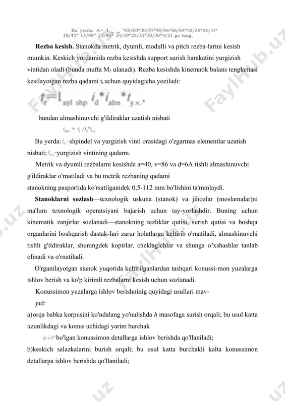 ) ta'sirida support tezda frezadan qochadi (salt yurish). kertuvchi asbob sifatida shakldor keskich yokijilvirlash doirasi olinib, uiarning shakldor profili kertilayotgan tishlar profiliga mos qilib charxlangan bo'ladi. zagotovka har bir to'la aylanishdan so'ng keskichga ko'ndalang surish (qiymati) uzatiladi. 10. l-rasm. freza orqa yuzasini gardanlash sxemasi. tokarlik - gardanlash (токарно-затыловочный) stanoklarining tashqi ko'rinishi tokarlik-vintqirqar stanoklarga o'xshash bo'lsa-da, ularda o'ziga xos maxsus konstruksiyaga ega bo'lgan support mavjud. bu support gardanlash operatsiyasi uchun zarur bo'lgan harakatlar-ni amalga oshiradi. 1б811 modelli universal tokarlik-gardanlash stanogida bir va ko'p kirimli modulli chervyak frezalari, shuningdek taroqsimon, modulli disk va fason frezalar hamda tishlari to'g'ri, qiya yoki yon qismida joylashgan asboblar kertiladi. bu stanokda bundan tashqari barcha tokar-iik ishlarini bajarish mumkin. tokarlik-iobovoy va karusel stanoklari tokarlik-iobovoy stanoklaridan katta diametrli (5 m gacha) kalta zagotovkalarga yakka buyurtmali ishlab chiqarish sharoitida ishlov berishda foydalaniladi. zagotovka planshaybaga kulachoklar, qisqichlar va boltlar yordamida mahkamlanadi (10.2-rasm.). 1a693 modelli tokarlik-lobovoy stanogining xarakteristikasi quyi-dagicha: ishlov berish …
