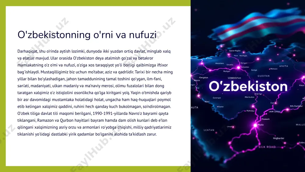 ntirish va tadbirkorlikka keng yo'l ochish, yangi ish o'rinlari yaratish, kambag'allikni qisqartirish hamda aholining turmush farovonligini oshirish, shahar va qishloqlarimizni obod qilish, yurtimizning xalqaro miqyosdagi obro‘-e’tiborini yuksaltirish yo'lida erishayotgan natijalarimiz tobora yaqqol namoyon bo'lmoqda. eng muhimi, keyingi yillarda yurtimizda bo'layotgan o'zgarishlar, yangilanishlarni har bir yurtdoshimiz o‘z hayotida sezyapti, his etyapti. nega desangiz, istiqlol davlatimizning jahon hamjamiyatidan munosib o‘rin olishiga katta zamin yaratdi. o‘zbekistonda ulkan o'zgarishlar ro'y berdi, xalqimiz turmush darajasi yuksaldi. prezidentimizning tashabbusi bilan amalga oshirilgan islohotlar hayotimizning barcha jabhalarida yangilanish va tub o'zgarishlarga zamin hozirladi. 7 sanoat sohasini rivojlantirish so'nggi yillardagi yangilanishlar, xalq manfaatlaridan kelib chiqqan holda o'tkazilayotgan islohotlar, yangi o'zbekistonni barpo etish yo'lidagi dadil qadamlar nafaqat xalqimiz, balki jahon hamjamiyati tomonidan ham ko'tarinki kayfiyat bilan kutib olinmoqda. bugun yangi o'zbekiston milliy iqtisodiyotining eng muhim yo'nalishi bo'lgan sanoat sohasini rivojlantirish asosiy vazifaga aylandi. mamlakatimiz agra-industrial davlatdan industrial-agrar davlatga aylanmoqda. sanoat sohasidagi siyosatni samarali yuritish, uni innovatsion asosda tashkil etish, …