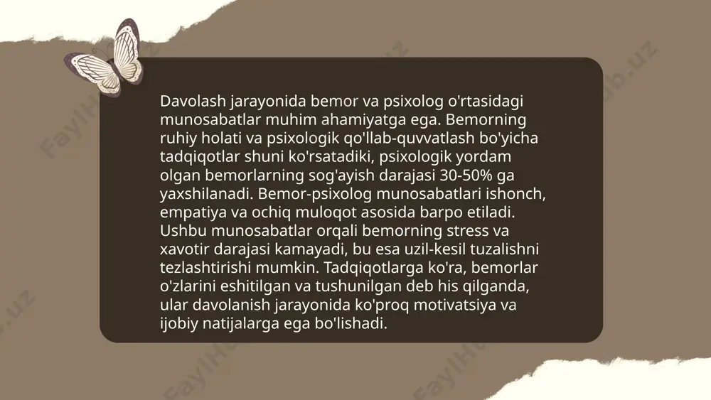 blarga ko'ra bemorlarning 30-50% psixologik yordamga muhtoj. stress, qo'rquv va inkor hissi davolanishning samaradorligini 20% gacha pasaytirishi mumkin. shu bilan birga, psixologik qo'llab-quvvatlash terapiyani qabul qilishni va natijalarni 40% gacha yaxshilaydi. ma'lumotlarga ko'ra, 70% bemorlar ruhiy yordamdan keyin davo jarayoniga ijobiy munosabat bildiradi. psixologik muammolarni bartaraf qilish da'vatlarni kamaytirishi va davolanish jarayonini tezlashtirishi mumkin. ... t.me/slaydai_bot 7. davolash jarayonida oila a'zolarining roli katta ahamiyatga ega. tadqiqotlar shuni ko'rsatadiki, bemorlarning 60% dan ortig'i oilaviy qo'llab-quvvatlash yordamida yaxshilanishi mumkin. oila a'zolari bemorga davolash rejimiga rioya qilishda yordam berib, savollariga javob bera oladi, ruhiy ko'mak ko'rsatadi va shifokor ko'rsatmalarining bajarilishini kuzatadi. psixologik barqarorlik 40% darajada oilaning hissasiga bog'liq. tadqiqotlar oilaviy qo'llab-quvvatlanmagan bemorlarda qayta kasallanish xavfi 30% ga oshishini tasdiqlaydi. shu sababli, oila a'zolarining faol ishtiroki muhimdir, ayniqsa uzoq muddatli kasalliklarda. ... t.me/slaydai_bot kasallikni inkor qilish va qabul qilish jarayonlari insonning ruhiy va psixologik holatini aks ettiradi. inkorgina birlamchi reaksiya bo'lib, odam o'zini stressdan …