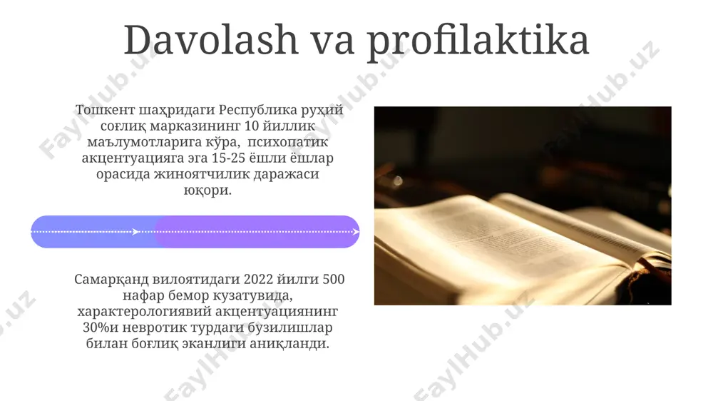 ar talaba ustida o'tkazilgan tadqiqot, xarakterning ta'kidlanishini aniqlashda 2 ta asosiy metod - kuzatish va so'rovnoma yordamida aniqlandi. xarakterning individual xususiyatlari xarakterning individual xususiyatlarini o'rganishda 50 dan ortiq psixologik testlar mavjud bo'lib, ularning 20 foizi aqshda, qolganlari esa dunyoning boshqa 30 ta mamlakatida ishlab chiqilgan. toshkentdagi tadqiqotlar shuni ko'rsatdiki, bolalik davrida shakllangan 3 ta asosiy xarakter xususiyati - qat'iyatlilik, o'ziga ishonch va empatiya, kattalar hayotida muvaffaqiyat darajasiga sezilarli darajada ta'sir qiladi. e'tiboringiz uchun rahmat @taqdimot_robot image4.jpg image5.jpg image6.jpg image7.jpg image8.jpg image9.jpg image10.jpg image11.jpg image12.jpg image13.jpg image14.jpg image15.jpg image16.jpg image17.jpg image18.jpg image1.jpeg image2.jpeg image3.jpeg