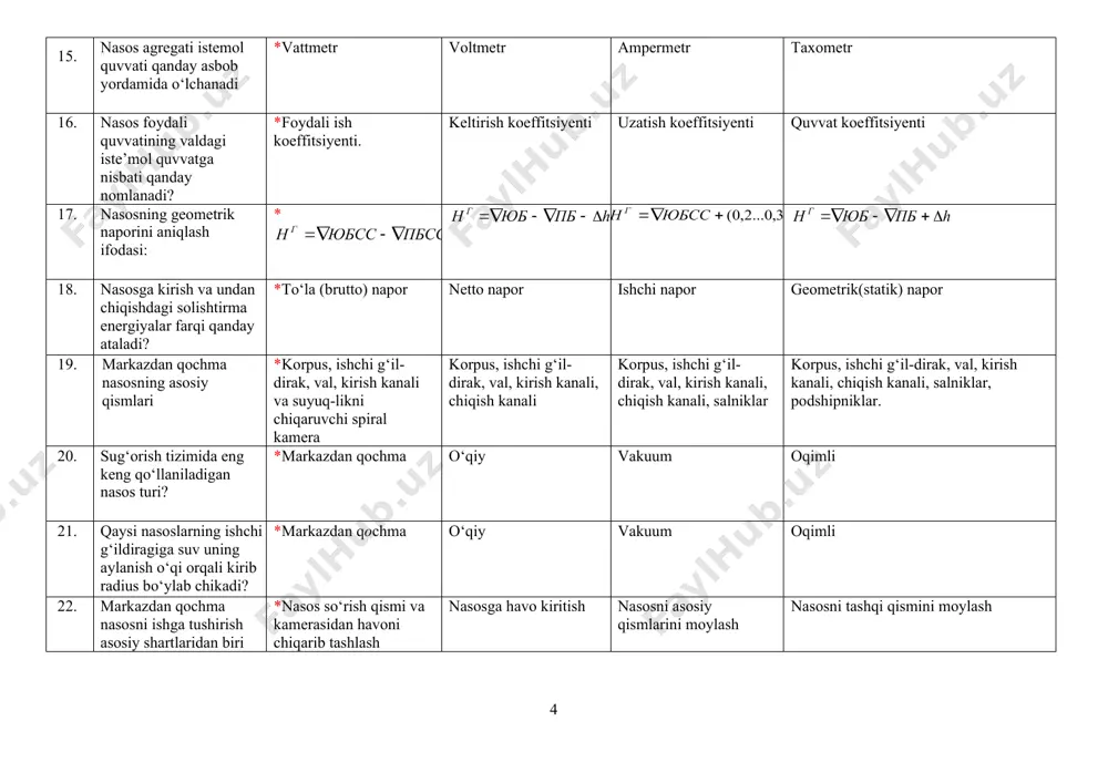 ma yo’naltiruvchi moslama 25. markazdan qochma nasoslarda diffuzor qanday vazifasini bajaradi? *suyuqlikning bosimini ortirib, tezligini kamaytiradi suyuqlikning gidravlik qarshiligi-ni kamaytiradi suyuqlik oqimining tezligini oshiradi suyuklik oqiminiquvurga yo‘naltiradi 26. nima maqsadda markazdan qochma nasoslar ko’p g’ildirakli ( pog’onali ) etib ishlab chiqariladi? *nasos naporini oshirish uchun suv sarfini ko’paytirish uchun fikni oshirish uchun quvvatni oshirish uchun 27. suv oqimi ko‘ndalang kesimi yuzasi va tezligi ko‘paytmasi bo‘yicha aniqlanadigan parametr qanday ataladi? *suv sarfi ho‘llangan perimetr gidravlik radius shezi koeffitsiyenti 28. geometrik sо‘rish balandligi nima (markazdan qochma nasos uchun)? *suv sathidan nasos о‘qigacha bо‘lgan vertikal masofa; suv sathidan vakuumetr joylashgan nuqtagacha bо‘lgan masofa suv sathidan manometr joylashgan nuqtagacha bо‘lgan masofa; suv sathidan kichik diskgacha bо‘lgan masofa; 29. geometrik haydash balandligi nima (markazdan qochma nasos uchun)? *nasos о‘qidan suvni qabul qiladigan idishning suyuqlik sathigacha bо‘lgan vertikal masofa; nasos о‘qidan haydash quvurining oxirigacha bо‘lgan masofa; nasos о‘qidan manometr joylashgan nuqtagacha bо‘lgan masofa vakuumetr va manometr …