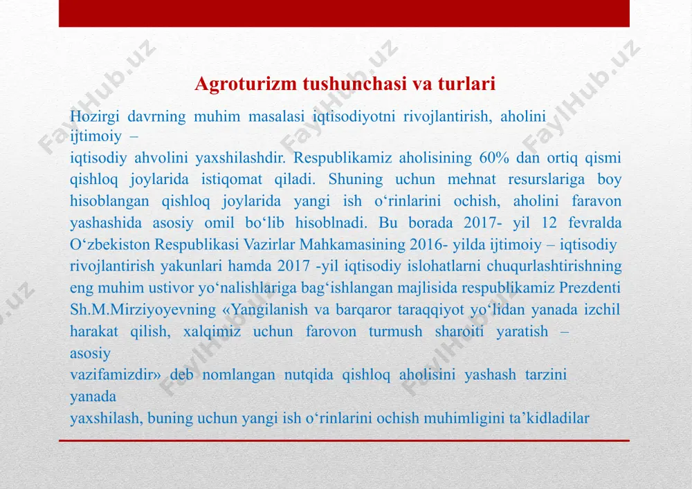 joylarda aholida kategoriya odamlar uchun ularning pul mablag‘lari miqdoriga qaramay, masalan,oilaning an’analariga ko‘ra; -vrach maslahatiga binoan qishloq iqlim sharoitlarida sog‘lomlashtirishni olib borishga ko‘ra; -tabiat bilan yaqinlik, ko‘proq vaqtni toza havoda o‘tkazish maqsadiga; -ekologik toza va arzon mahsulotlar bilan oziqlanish mumkinligi uchun; -qishloq xo‘jaligi ishlari bilan band bo‘lish, ishlash uchun real imkonlar borligi; -hayot uchun zarur bo‘lgan kerakli narsalarni topish maqsadida minglab kilometr masofani bosib o‘tirmaslik uchun; -boshqa ijtimoiy guruhidagi odamlar bilan muloqotdabo‘lish, ularning madaniyati, urf-odati bilan tanishish, bayramlari va o‘yinlarida qatnashish imkoniyatini mavjudligi. o‘zbekistonda agroturizm resurslari va imkoniyatlari turizmni shakllanishiga asos bo‘luvchi turistik resurslar asosan qishloq joylarida joylashgan. bu holatni samarqand viloyati buyicha tahlil etadigan bo‘lsak, viloyatning yer osti va yer usti gidrologik suv resurslari, tog‘, tog‘ oldi etaklari hamda tog‘ oralig‘i soylarida tabiiy ravishda hosil bo‘lgan landshaftlar (tabiat manzaralari), yam-yashil o‘rmonzorlar (omonqo‘ton), tog‘u-tosh jins shakllari (qoratepa), tog‘ daralari (chuqurliklari), g‘orlar (hazrati dovud, kelsi, lev), noyob tabiat yodgorliklari (kamongaron, g‘us), …