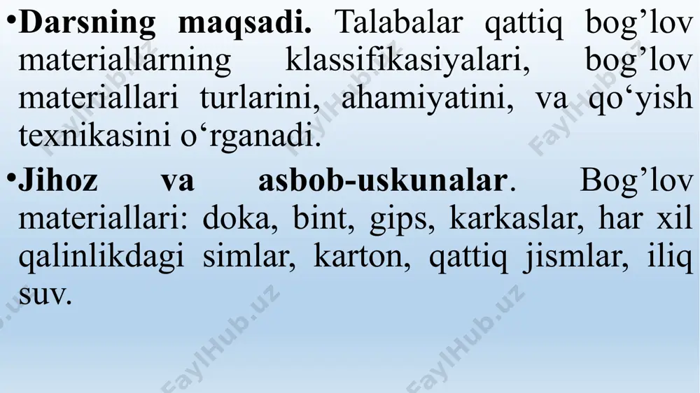 qishlarida ko‘p qo‘llaniladigan usul bo‘lib, tananing shikastlangan joyini uzoq vaqtga qimirlatmaslik uchun ishlatiladi. gips kalsiyning sulfat kislotadagi erimasi bo‘lib, tabiatda uchraydigan kimyoviy modda – alebasterda olinadi. gipslar maxsus pechlarda 1400s dan yuqori haroratda qizdirib olinadi. gipsning xususiyati va afzallik tomoni shundaki, u o‘ziga suvni tez shimib olib, oson qotadi. gipsning quruqligini va sifatini aniqlash. gipsli uchun foydalaniladigan gips materali sifatli bo‘lishi kerak. gipsning sifati asosan uning quruqligiga va mustahkamligiga bog’liq. gipsning quruqligini aniqlash uchun gips kukuni qo‘l kaftiga olinadi, so‘ngra kaftda gipsni mahkam qisiladi. agarda haqiqatdan gips quruq bo‘lsa, u qo‘l barmoqlari orasidan oson chiqadi. agarda xo‘l bo‘lsa kaftdan chiqmasdan bir-biri bilan birikib qoladi. gipsning sifatini aniqlashda ma’lum bir miqdordagi gipsni iliq suv bilan aralashtirilib loy hosil qilinadi va to u qotgunga qadar yumaloq shaklga keltiriladi. so‘ngra qotgan gips bo‘lagini bir metr balandlikdan pastga qattiq material ustiga tashlanadi. agar gips sinmasa u sifatli, agar sinsa uning sifati past bo‘ladi. gipsli …