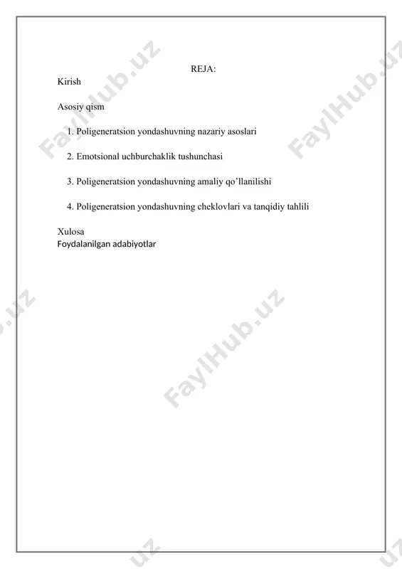 psixologik va hissiy tizim sifatida ko’rib chiqadi. poligeneratsion yondashuv nafaqat ziddiyatlarni hal qilishda, balki oilaviy tizimlarning evolyutsiyasi, yangi avlodlarga uzatilishi va jamiyatdagi muammolarni kamaytirishda ham samarali vosita hisoblanadi. poligeneratsion yondashuvning nazariy asoslari poligeneratsion yondashuv, murray bowenning oilaviy tizimlar nazariyasining bir qismi bo’lib, oilaviy hissiy bog'lanishlar, o’zaro ta'sirlar va ziddiyatlarni tushunishda qo’llaniladi. bowen oilaviy tizimlarni dinamik, o’zaro ta'sir qiluvchi va o’zgaruvchan tizimlar sifatida ko’rib chiqadi. har bir oila a'zosi o’z hissiy va psixologik holatlarini boshqa a'zolar bilan birga tashkil etadi va bu tizimda yuzaga kelgan o’zgarishlar butun tizimni ta'sir qiladi. poligeneratsion yondashuv esa, oiladagi hissiy naqshlarning, muammolar va ziddiyatlarning avloddan-avlodga qanday uzatilishini tushuntiradi. oilaviy tizimlar nazariyasi. bowen oilaviy tizimlar nazariyasini yaratgan bo’lib, uning asosiy g'oyasi oilaviy tizimlar — bu o’zaro ta'sir qiladigan, hissiy bog'lanishlarga asoslangan tizimlardir. har bir oila a'zosi oiladagi boshqa a'zolarga ta'sir qiladi va o’zgarishlar bu tizimdagi barcha a'zolarni ta'sir qiladi. bowen oilaning dinamikasini va uning o’zaro aloqalarini tahlil …