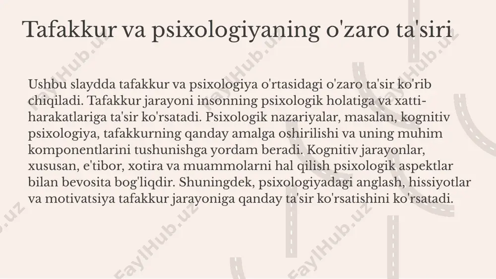 rning harakatlarini tushunishga yordam beradi. davrlar bo'yicha psixologik nazariyalar 20-asrda rivojlangan asosiy psixologik nazariyalar qatoriga xulq-atvor psixologiyasi, kognitiv psixologiya va insonparvar psixologiya kiradi. xulq-atvor psixologiyasi inson xulq-atvorini o'rganishga e'tibor qaratadi, kognitiv psixologiya esa fikrlash jarayonlari va ongni o'rganadi. insonparvar psixologiya esa insonning o'ziga xosligini va uni to'liq tushunishga qaratilgan yondashuvdir. ushbu nazariyalar kognitiv jarayonlar, fikrlash va qaror qabul qilishda muhim rol o'ynaydi. masalan, kognitiv psixologiya fikrlar va his-tuyg'ularni qanday shakllantirishi, xulq-atvor psixologiyasi esa insonning muayyan vaziyatlarga qanday munosabatda bo'lishini tushunishga yordam beradi. bu nazariyalar, shuningdek, ta'lim va psixoterapiya jarayonlarida qo'llanilishi mumkin. tafakkur jarayonlari va psixologik nazariyalar qabul qilish (receiving) qabul qilish — bu insonning tashqi muhitdan kelayotgan ma'lumotlarni qabul qilish jarayoni. ushbu bosqichda odamlar sezgi organlari orqali turli xil ma'lumotlarni to'playdilar va ularni ongga kiritadilar. ma'lumotlarni qabul qilishda diqqat va e'tibor muhim rol o'ynaydi. tahlil qilish (analyzing) tahlil qilish — bu qabul qilingan ma'lumotlarni o'rganish va baholash jarayonidir. bu bosqichda …