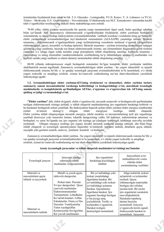 k britaniya, germaniya, fransiya va rossiyaning elektrotexnik jurnallarida quyidagi masalalar keng yoritilgan: turli ko‘rinishdagi ko‘taruvchi – transport mexanizmlar, prokat ishlab chiqarish, metall qirquvchi dastgoxlarning elektr jixozlari, tekstil, sement, tegirmon va boshqa ko‘rinishdagi ishlab chiqarishlarning elektr jixozlari va ularni elektrlashtirish. xuddi shu vaqtning o‘zida yangi amaliy fan - elektr yuritma nazariyasi asoslari ‘am yaratila boshlandi. elektr mashinalarning qizish nazariyasi ishlab chiqildi (e. oelshlager, a. armstrong va boshqalar). ushbu nazariya dvigatel quvvatini tanlash usullarini yaratish uchun asos bo‘ldi (1910-1920 yillar - x. brotton, g. foks, s. pappe va boshqalar). shu yillarda, turli dvigatellarning tezligini parametrik rostlash va ishga tushirish uchun rezistorlarni ‘isoblash bo‘yicha ko‘plab materiallar yiildi. mexanik xarakteristikalarni ‘isoblash usullari va dvigatellarni tok va e.y.k funksiyasida avtomatik ishga tushirish prinsiplari ishlab chiqildi. xx asrning qirqinchi yillarigacha elektr yuritmalarning statik va dinamik xarakteristikalarini o‘rganish, ularni avtomatik boshqarish prinsiplarini yaratish, shuningdek yuritmalarning energetik ko‘rsatkichlarini yaxshilash masalalarini xal qilish amalga oshirildi. 40-50 yillardagi avtomatikaning elektr …