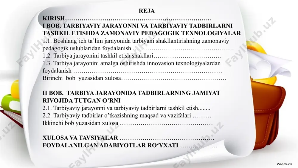 -onasiga, ustozlariga sadoqatli farzand bo‘lishga chorlaydi. o‘quvchilarning darsdan bo‘sh vaqtlarida, o‘quv - tarbiya jarayonini to’ldirib borishga hamda o’quvchi boshlang’ich sinf o’quvchilarining barkamol shaxs sifatida shakllanishlari uchun katta imkoniyatlar yaratadi. mamlakatimizda ta’lim-tarbiya jarayonlarini tashkil etish va uni bosqichma-bosqich yuqori samaralarga erishish borasida katta yutuqlar qo‘lga kiritilmoqda. prezidentimiz sh.m.mirziyoyev ta’lim sohasini, ta’lim-tarbiya jarayonlarini sifat jihatdan yuqori pog‘onaga ko‘tarish jamiyatimizning ustivor sohalaridan biri sifatida e’tirof etib, ta’lim maskanlarini yangilab, jahon standartlariga javob beradigan qilib qurib va jihozlab o‘quvchi boshlang’ich sinf o’quvchilarining bilim olishlari uchun katta imkoniyatlar yaratayotgani boshlang’ich sinf o’quvchilari kelajakning yaratuvchilari ekanini e’tirof etganligidan dalolatdir. ta’lim-tarbiya jarayonlarini maqsadga muvofiq tarzda yo‘lga qo‘yish, yaratilgan shart-sharoitlardan samarali foydalanib, yuqori bilimli o‘quvchi boshlang’ich sinf o’quvchilarini tarbiyalash va ularni hayotga tayyorlash biz o‘qituvchi kadrlarning mas`uliyatli vazifamizdir. boshlang’ich sinf o’quvchilariga ta’lim- tarbiya berish barcha predmetlar kabi o‘qish darslarida ham amalga oshiriladi. kurs ishi maqsadi: o‘quvchilarni axborot vositalari orqali ta’lim-tarbiya jarayonidagi o’rnini o‘rgatish yo‘llarini nazariy jihatdan asoslash va …
