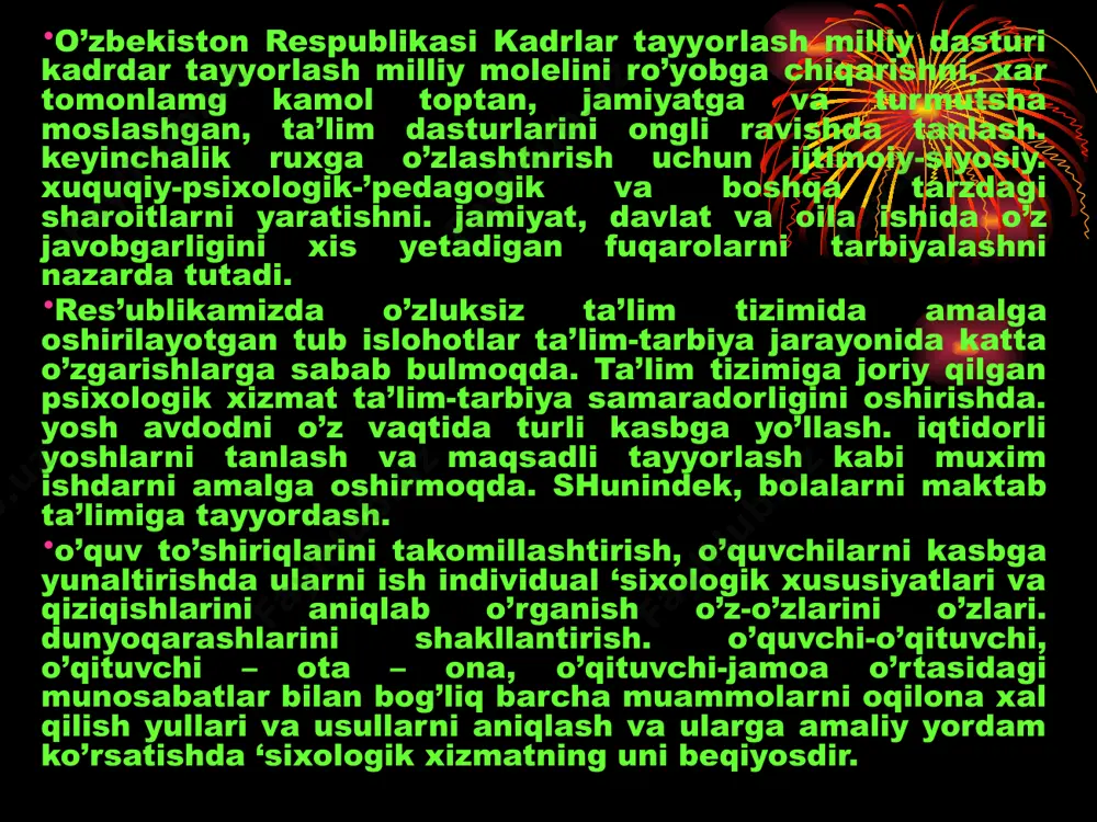 zmatni 3 ta yo’nalishning uzviy birlikda ko’rib chiqiladi: ilmiy, ilmiy-amaliy, amaliy. ilmiy yo’nalish ta’lim tamoyili psixologik xizmat muammolarini tadqiq qilish metodologik va nazariy asosini tashkil etadi. ‘sixologik bilimlarni xozirgi zamon konkret ta’lim sharoitida qo’llashning ‘sixodiagnostik, ‘sixokorretsion va rivojlantiruvchi dasturdir. usul, metodini ishlatishi taqozo qiladi. ilmiy-amaliy yo’nalish ta’lim va tarbiya jarayonini ‘sixologik ta’minlashni, o’quv dasturlari didaktik va uslubiy materiallarining taxlili va ishlab chiqishdan tortib amaliy-’sixologlarning bevosita ta’lim muassasadari va ‘sixologik markazlaridagi ishini o’z ichiga oladi. amaliy yo’nalish xam bevosita ‘sixologning joylardagi ish faoliyati bilan belgilanadi. mazkur tadqiqotda qo’yilgan muammo yechimi ta’lim soxasidagi davlat siyosatining asosiy ‘rinsi’laridan biri - ta’lim tizimining dunyoviy xarakterda yeta’liligiga tayanadi va yerkin fuqarolik jamiyatining faol ishtirokchisi o’quvchilarning yerkin fikrlashini ta’minlaydi. shuningdek. ‘sixologik xizmat ko’rsatish sifatini oshirish, ta’lim muassasasi ishtirokchilarining barchasini yagona maqsad sari birlashtirishga xizmat qiladi. ‘sixologik xizmatda tadqiqot va ta’sir ko’rsatish ob’ekti maktabgacha yoshdagi bolalar, o’quvchilar, o’qituvchi-murabbiylar, ota-onalar bo’lib hisoblanadi. shu jixatdan olganda xalq ta’limi tizimida …