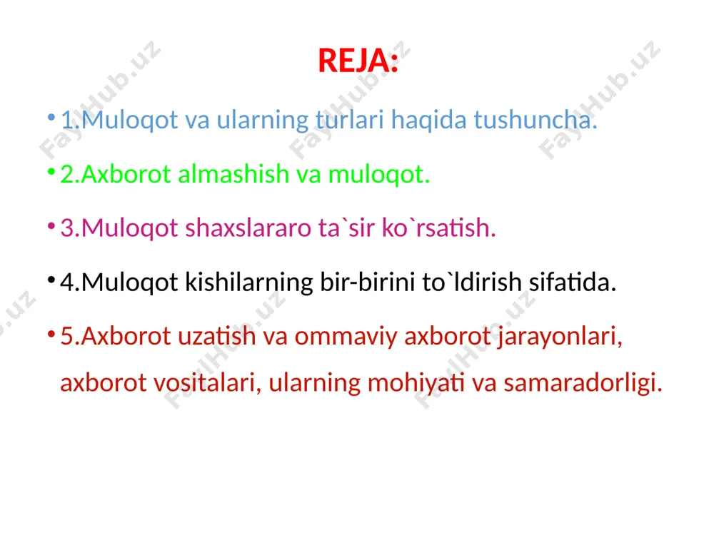 sabatda bo'lish, turli ta’sirlarga berilmaslikdir. har qanday faoliyat odamlarning bir-birlari bilan til topishishni,bir-birlariga turli xil ma’lumotlar o`zatishni,fikrlar almashinuvi kabi murakkab hamkorlikni talab qiladi. shuning uchun ham har bir shaxsning jamiyatda tutgan o`rni, ishlarining muvoffaqiyati, obro`si uning muloqotga kirish qobilyati bilan bevosita bog`liq. muloqot murakkab jarayondir. uning tuzilishi quyidagicha: interaktiv kommunikativ perseptiv muloqotning kommunikativ tomoni muloqot ishtirokchilari o'rtasidagi axborot almashinuvidan iborat interaktiv jihati muloqot ishtirokchilarining o'zaro ta’sirlashuvidan iborat perseptiv tomoni esa muloqot ishtirokchilarining muloqot jarayonida bir-birini idrok etishi va bilishidan iborat. mulokotning kommunikativ tomoni ― shaxslararo axborotlar, bilimlar g`oyalar, fikrlar almashinuvi. bu jarayonning asosiy vositasi ― bu til. yozma-ogzaki, monologik-dialogik nutq. diologik nutqning mazmuni, xarakteri, davomiyligi muloqotga kirishgan shaxslarning shaxsiy qarashlariga, qizikishlariga, bir-birlariga bulgan munosabatlariga,maqsadlariga bevosita bogliq bo`ladi. o`qituvchi-o`quvchi, siyosiy rahbarlarning, diplomatlarning, dugonalarning suhbati bir-biridan farq qiladi. monologik nutq bir kishining boshqa kishiga murojaati― fikrlarning mantiqan tugal bo`lishi, grammatik qonun-qoidalarga rioya qilish kerak. odamlarning muloqot jarayonida so`zlardan tashqari turli xil harakatlardan, …
