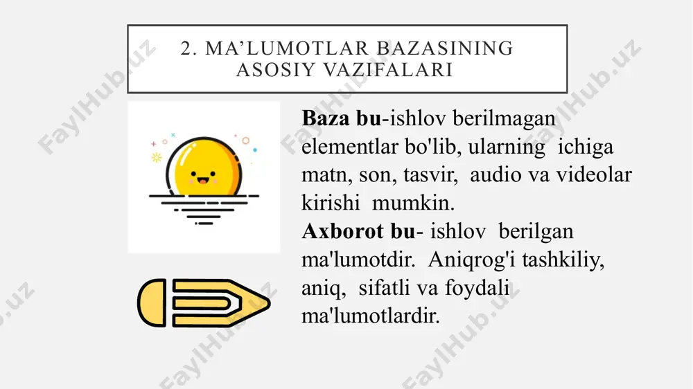 rlar bitta ma'lumotlar bazasi bilan ishlashi mumkin.bitta ma'lumotlar bazasi bilan ishlaydigan dasturlarni ko'rib chiqishda, ular parallel va bir-biridan mustaqil ishlashi mumkin deb taxmin qilinadi va aynan ma'lumotlar bazasi bilan ko'plab dasturlarning ishlashini ularning har biri bajaradigan tarzda ishlab chiqilgan ma'lumotlar bazasi to'g'ri ishlaydi, lekin boshqa dasturlar tomonidan kiritilgan ma'lumotlar bazasidagi barcha o'zgarishlarni hisobga oladi. ma'lumotlarni saqlashni tashkil etishning fizik vakolatxonasi asosida ma'lumotlarni saqlash uchun quyidagi arxitektura turlarini ajratish mumkin: mahalliy ma'lumotlar bazalari markazlashtirilgan ma'lumotlar bazalari e’tiboringiz uchun rahmat image1.jpg image2.jpg image3.png image4.png image5.png image8.png image9.png image10.png image13.jpg image14.jpeg image15.jpeg image16.png
