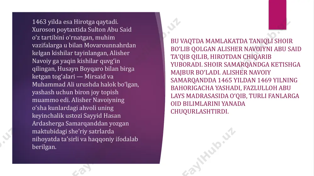 , 52 muammo, 46 qitʼa, 53 fard, 10 tuyuq, 10 lugʻz, 3 mustazod, 5 muxammas, 3 tarjeʼband, 2 musaddasdan tarkib topgan. alisher navoiy butun ijodi davomida turli janr va yoʻnalishlarda salmoqli ijod qilgan. nasrda ham, nazmda ham yetuk asarlar yaratgan. nasrda navoiy asosan ijtimoiy-siyosiy, axloqiy- taʼlimiy va ilmiy-falsafiy, iqtisodiy yoʻnalishlarda qalam tebratgan. asarlari yillar 1499 y. 1488 y. 1499 y. 1489 yildan soʻng 1492 y. 1493 yildan soʻng 1498 y. 1485 yildan soʻng 1491—1492, 1498-1499 y. 1500 y. asarlar „lison ut-tayr“ „tarixi mulki ajam“ „muhokamat ul-lugʻatayn“ “holoti sayyid hasan ardasher” „xamsat ul-mutahayyirin“ „holoti pahlavon muhammad“ „xazoyin ul-maoniy“ “tarixi anbiyo va hukamo” “majolis un-nafois” “mahbub ul–qulub” ushbu asarlar mutafakkirning yirik asarlaridir. ular turli yillarda, turli yoʻnalishlarda yozilgan. navoiyning bu qadar keng qamrovda qalam tebratganidan shuni bilish mumkinki, u nafaqat shoir, balki olim, yaʼni tilshunos, adabiyotshunos, tarixchi va faylasuf sifatida jahon maʼnaviyatiga ulkan hissa qoʻshgan. alisher navoiy fors tilida ham 12 ming …