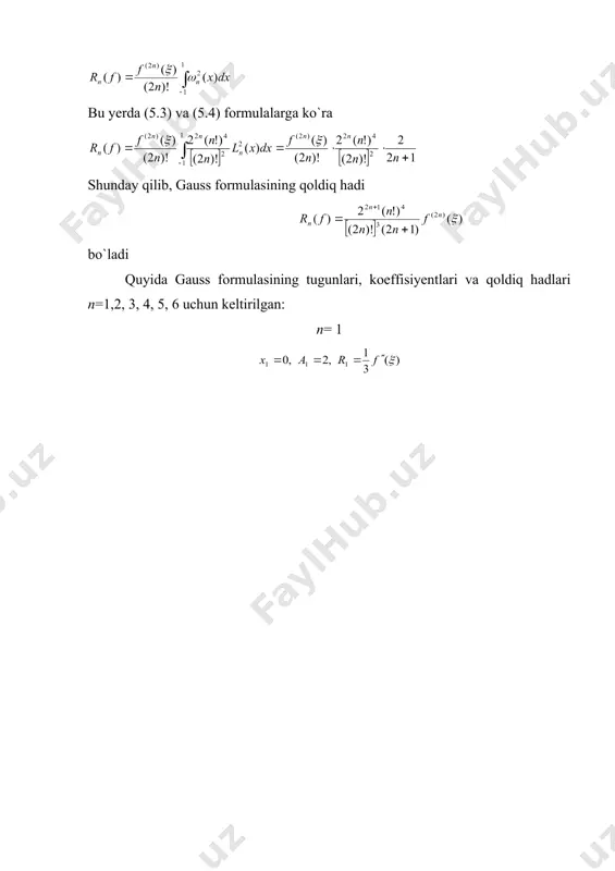 .i. krilovning [3] kitobida gauss formulasining tugunlari va koeffisiyentlari p = 1(1)16 uchun o`n beshta o`nli rahami bilan berilgan. ixtiyoriy [a, b] oraliq bo`yicha olingan integralni t= almashtirish yordamida [-1,1] oraliqqa keltirish mumkin: bu integralga gauss formulasini qo`llasak ni hosil qilamiz, bu yerda хк va a lar [-1,1] uchun qurilgan gauss formulasining tugunlari va koeffisiyentlaridir. misol. gauss formulasi yordamida ushbu integralni hisoblaylik. avvalo almashtirish yordamida ko`rinishga keltiramiz, so`ngra n= 4 deb hisoblashlarni olti xona aniqlikda bajaramiz: 2. meler kvadratur formulasi. endi [-1, 1] oraliqda vazn bilan kvadratur formula quraylik. [-1, 1] oraliqda (5.10) vazn bilan ortogonal bo`lgan ko`phad тп(х)=cosnarccosx chebishev ko`phadlari ekanligi ma`lumdir. buni tekshirish uchun integralda almashtirish bajaramiz: ma`lumki, va barcha k = 0,1,...,n - 1 uchun bulardan esa 1m = 0 kelib chiqadi. shunday qilib, kvadratur formulaning tugunlari т (х) = 0 tenglamaning ildizlaridan iboratdir. bu formulaning koeffisiyentlarini esa ko`rinishda yozish mumkin. bu integralni hisoblash uchun х = …