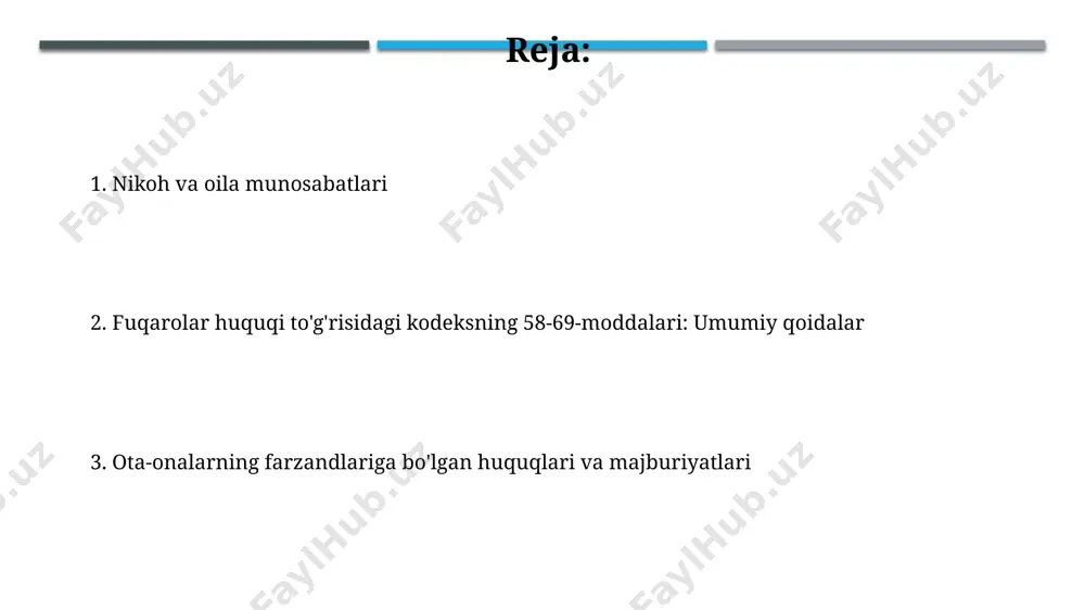 si mulk huquqining obyektlarini, jumladan, ko'chmas mulk, qimmatli qog'ozlar va intellektual mulkni aniqlaydi va ularga nisbatan qo'llaniladigan huquqiy normalarni belgilaydi. 61-modda bo'yicha mulk egasi o'z mulkiga nisbatan to'liq egalik qilish, undan foydalanish va tasarruf etish huquqiga ega bo'lib, bu huquqlar qonun bilan cheklanishi mumkin. fuqarolik kodeksining 68-moddasi fuqarolik kodeksining 68-moddasi meros ochilishining vaqtini aniq belgilaydi, ya'ni merosxo'rning vafoti yoki sud tomonidan vafot etgan deb e'lon qilingan kun hisoblanadi. meros qoldiruvchining qarzdorligi va boshqa majburiyatlari 68-modda doirasida meros ulushidan qoplanadi, bu esa merosxo'rlarning majburiyatlarini hisobga olish zarurligini ko'rsatadi. modda 58: shartnoma tushunchasi 58-moddada keltirilgan shartnoma tushunchasi, fuqarolik huquqiy munosabatlarini tartibga soluvchi asosiy institutlardan biri bo'lib, uning 2-3 boblarda keyingi tafsilotlari batafsil bayon etiladi. modda, shartnomalarni yozma va og'zaki shaklda tuzish imkoniyatini nazarda tutib, 58-modda shartnoma shakllarining huquqiy oqibatlarini ham belgilaydi. masalan, 1000 aqsh dollaridan ortiq miqdordagi shartnomalar yozma shaklda tuzilishi kerak. fuqarolik kodeksining 64-moddasi meros ulushlarini aniqlashda, 64-modda, merosxo'rlarning soni va …