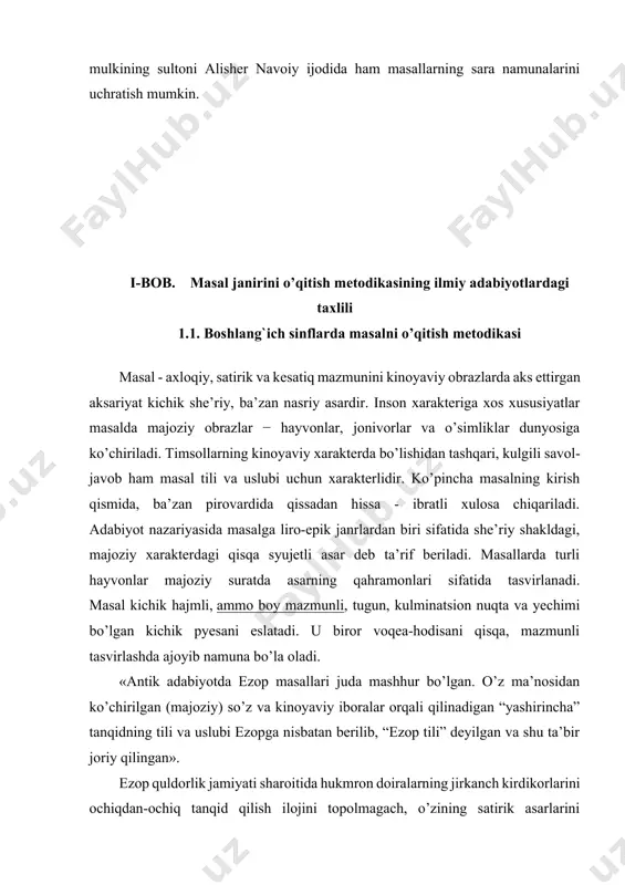 kabi illatlarni bartaraf etishda yordam beradi. lekin amaldagi boshlang’ich sinf “o’qish kitobi” darsliklarida masal janriga kam o’rin berilgan. vaholanki, bola tarbiyasida masalning o’rni beqiyosdir. masaldagi qissadan hissa o’quvchi matndagi e’tibordan chetda qoldirgan, yuzaki o’qib o’tib ketgan, yaxshi anglashga harakat qilmagan o’rinni, bo’shliqni to’ldiradi. 3-sinf “o’qish kitobi”dan o’rin olgan “qaysar buzoqcha” (o. qo’chqorbekov) masali oilasi, o’rtoqlari, do’stlaridan ajralib, yomon yo’llarga kirib qolgan, oqibatda ko’ngilsiz holatlarga tushib qolgan bolalarni tarbiyalashda katta ahamiyatga ega. ushbu masaldagi asosiy xulosa masal oxirida berilgan qissadan hissada, ya’ni ota-bobolarimiz yaratib, bizga nasihat sifatida qoldirgan “bo’linganni bo’ri yer” hikmatida o’z ifodasini topgan. bu hozirgi kunda maqol tusini olgan. shoir esa bundan juda ustalik bilan foydalangan. “chumoli va tipratikan” masali esa nasriy turga mansub bo’lib, unda chumoli timsoli orqali bolalar halollikka o’rgatiladi, har bir narsani, u katta yoki kichik bo’lishidan qat’iy nazar, so’rab olishga, egasining ruxsati bilan foydalanishga da’vat etiladi. masalni o’qishda bolalar tipratikan timsoliga tanqidiy nazar bilan yondashadilar, …