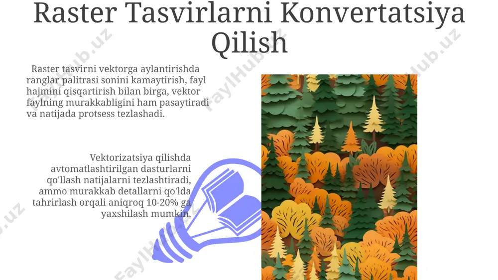 h qiyin. raster fayllar hajmi tasvirning o'lchami va rang chuqurligiga bog'liq bo'lib, yuqori aniqlikdagi tasvirlar kattaroq fayl hajmini egallaydi, masalan, 4k tasvirlar 1080p ga nisbatan ancha katta bo'ladi. kelajakda raster va vektor texnologiyalari kelajakda raster tasvirlarni 4k va undan yuqori piksel zichliklarida qayta ishlash uchun gpu texnologiyalarining rivojlanishi katta ahamiyat kasb etadi, bu esa real vaqt rejimida yuqori sifatli grafikani ta'minlaydi. vektor grafikalarni yaratish va tahrirlash uchun sun'iy intellekt asosidagi avtomatlashtirilgan vositalar soni 2025 yilga kelib 30% ga o'sishi kutilmoqda, bu esa ish samaradorligini oshiradi. raster va vektor tasvirlarning farqlari vektor tasvirlar fayl hajmi jihatidan raster tasvirlarga nisbatan ancha kichik bo'lishi mumkin, chunki ular ma'lumotlarni zichroq saqlaydi. masalan, murakkab vektor grafikasi 10 kb bo'lsa, shunga o'xshash murakkab raster grafikasi 10 mb bo'lishi mumkin. raster tasvirlar piksellardan, vektor tasvirlar esa matematik tenglamalar va nuqtalar yordamida hosil bo'ladi, bu esa vektor tasvirlarni istalgan o'lchamda kattalashtirish imkonini beradi, sifatini yo'qotmasdan. masalan, 1000x1000 pikselli …