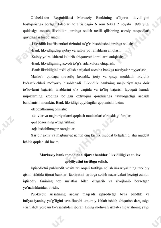 b boraetgan yo’nalishlaridan biridir. pul-kredit siesatining asosiy maqsadi iqtisodietga to’la bandlik va inflyatsiyaning yo’g’ligini tavsiflovchi umumiy ishlab ishlab chiqarish darajasiga erishishda yordam ko’rsatishdan iborat. uning mohiyati ishlab chiqarishning yalpi hajmini, bandlik va baholar darajasini barqarorlashtirish maqsadida pul taklifini o’zgartirishdan iborat. yanada soddaroq qilib aytganda pul-kredit siesati ishlab chiqarish darajasi pasayaetgan paytda xarajatlarni rag’batlantirish maqsadida pul taklifini kengaytirish, inflyatsiya sharoitida esa aksincha xarajatlarni cheklash maqsadida pul taklifini qisqartirishga qaratilgan. pul-kredit vositalari orqali tartibga solishning halqaro amalietda uchta asosiy vositasidan keng foydalaniladi. ular quyidagilardir: 1. ochiq bozor operatsiyalari. 2. majburiy rezerv me’erining o’zgarishi. 3. uchet stavkasining o’zgarishi. ochiq bozordagi operatsiyalar - bu markaziy bank tomonidan tijorat banklarining ortiqcha rezerviga ta’sir ko’rsatish maqsadida davlat obligatsiyalarini tijorat banklariga va aholiga sotish eki sotib olish operatsiyalaridir. markaziy bank tomonidan davlatning qimmatli qog’ozlari tijorat banklaridan va aholidan sotib olinganda tijorat banklarining rezervlari oshadi. bu vaziyatda tijorat banklari o’z qimmatli qog’ozlari portfelining bir qismini markaziy bankka o’tkazadilar …