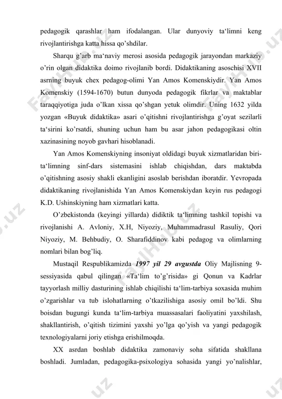 ari kulami rivojlandi. yangi pedagogik texnologiya asosida o’qituvchilar faoliyati shakllanmoqda, shuningdek masofaviy ta‘lim, axborot texnologiyasi yordamida dars berish hozirgi zamonaviy o’qituvchining faoliyatida ko’rinmoqda. 7. 2. bilish – ta‘lim jarayonining metodologik asosidir. bilish bu avvalo sezishdan, hissiy sezishdan boshlanadi. bilish jarayoni kabi ta‘lim jarayonida ham o’quvchi bilmaslikdan bilishga, noaniq bilishdan aniqroq bilshgacha bo’lgan yo’lni bosib o’tadi. ushbu jarayonda hissiy idrok etish ham, abstrakt tafakkur ham, amalda sinab ko’rish ham bo’ladi. bilish ikki pallaga – nazariya va amaliyotga bo’linadi. nazariya yangi bilimni, yangicha bilishni ifodalovchi tizimli fikrdir. nazariya har xil shakllarda ifodalanadi: aksioma, teorema, qonun, formula, grafik, raqam va shu kabilar. nazariyada g’oya shakllanadi. amaliyot bilimlarning haqiqiyligini ko’rsatuvchi mezondir. kuzatish, tajriba, o’zgartirish, yaratish, - bular amaliyot shakllariga kiradi. amaliyot ijtimoiy hayot va tabiatning murakkab jarayonlarini bilib olishda inson uchun asosiy qurol bo’lib xizmat qiladi. ilmiy bilishning vazifasi hodisalarning mohiyatini, ularning rivojlanish qonunlarini ochishdangina emas, balki biron-bir qonunning qay tariqa namoyon bo’lish sabablarini …