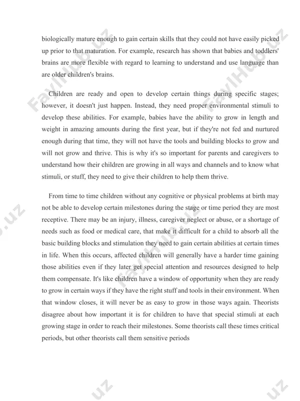 ld's life are just sensitive periods. they agree that children who do not get the right nurturing at the right times to jumpstart their developmental potential are going to have problems later in life, but they do not think that this inability to develop is permanent. 1.1 continuous assessment continuous assessment is also a powerful diagnostic tool that enables pupils to understand the areas in which they are having difficulty and to concentrate their efforts in those areas. continuous assessment also allows teachers to monitor the impact of their lessons on pupil understanding. teachers can modify their pedagogical strategies to include the construction of remediation activities for pupils who are not working at the expected grade level and the creation of enrichment activities for pupils who are working at or above the expected grade level. hence, the continuous assessment process supports a cycle of self-evaluation and pupil-specific activities by both …
