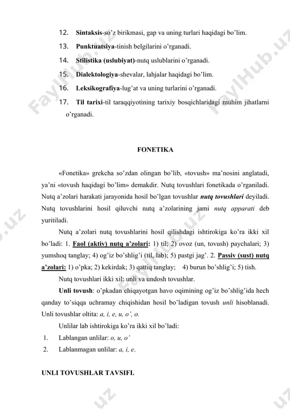 unlisi-orqa qatior,lablangan,keng unli.uning aytilishida til ichkariga tortiladi,tilning uchi tishlardan uzoqlashadi,pastki jag’ esa tushiriladi: bozor,obod,ovoz,hikoya,matbuot. undosh tovush: o’pkadan chiqayotgan havo oqimining og’iz bo’shlig’ida ma’lum to’siqqa uchrashidan hosil bo’lgan tovush undosh hisoblanadi. undoshlar quyidagicha tasnif etiladi. 1. hosil bo’lish o’rniga ko’ra: (qaerda?) 2. hosil bo’lish usuliga ko’ra: (qanday?) 3. ovoz va shovqinning ishtirokiga ko’ra. 1. hosil bo’lish o’rniga ko’ra undoshlar quyidagicha: a) lab undoshlari lab-lab: b, p, m (v) lab-tish: v, f til oldi: d,t,n,l,r,z, sh, ch, j b) til undoshlari til o’rta: y sayoz til orqa: k,g,ng til orqa: chuqur til orqa: q,g’,x v) bo’g’iz undoshi: h 2. hosil bo’lish usuliga ko’ra undoshlar quyidagilarga ajratiladi: a) portlovchi undoshlar: b, p, d, t, q, k, g. bunday undoshlar talaffuzida o’pkadan chiqayotgan havo oqimi og’iz bo’shlig’idagi to’siqdan portlab chiqadi; b) sirg’aluvchi undoshlar: v, f, g’, z, s, sh, j, y, x, h. bu undoshlar talaffuzida o’pkadan chiqayotgan havo oqimi og’iz bo’shlig’idagi to’siqdan sirg’alib …