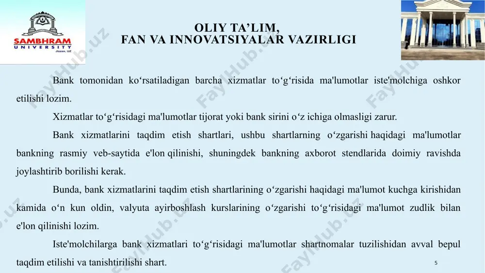 atayotganda banklar kreditlash javobgarligining halollik, shaffoflik, ishonchlilik, sherikchilik munosabatlari, iqtisodiy manfaatlar va imkoniyatlarni hisobga olish tamoyillariga rioya qilishlari shart. iste'molchi-jismoniy shaxs bank xizmatlari uchun toʻlovlarni amalga oshirish shaklini oʻzi mustaqil tanlash huquqiga ega. bank tomonidan toʻlov shakliga qarab (naqd pul bilan yoki naqd pulsiz hisob-kitoblar) bank xizmatlari uchun har xil narxlar (tariflar) belgilash taqiqlanadi. iste'molchilarga nisbatan bank tomonidan bank xizmatlari uchun toʻlovlarni faqat oʻz filiallarining kassalari (mini-banklari) orqali va (yoki) naqd pul shaklida toʻlash, shuningdek omonatlarga mablagʻlar faqat naqd pul shaklida qabul qilish lozimligi boʻyicha talab belgilanishiga yoʻl qoʻyilmaydi. iste'molchi-jismoniy shaxs yashash joyidan qat'i nazar, oʻzi tanlagan bankka kredit olish uchun murojaat etishga haqli. 13 oliy ta’lim, fan va innovatsiyalar vazirligi bank qarz oluvchining va (yoki) garovga qoʻyuvchining sugʻurta kompaniyasi va (yoki) baholovchini tanlash huquqini cheklamasligi lozim. bank kredit operasiyalarini amalga oshirishda quyidagilarga rioya etishi lozim: kredit shartnomasida kredit mablagʻlarini berish muddati, shartlari va ulardan foydalanish tartibi aniq koʻrsatilishi; kredit …
