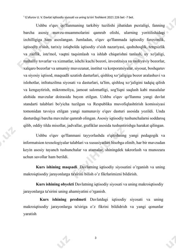 va informatsion texnologiyalar talablari va xususiyatlari hisobga olinib, har bir mavzudan keyin asosiy tayanch tushunchalar va atamalar, shiningdek takrorlash va munozara uchun savollar ham berildi. kurs ishining maqsadi. davlatning iqtisodiy siyosatini o’rganish va uning makroiqtisodiy jarayonlarga ta'sirini bilish o’z fikrlarimizni bildirish. kurs ishining obyekti davlatning iqtisodiy siyosati va uning makroiqtisodiy jarayonlarga ta'sirini uning ahamiyatini o’rganish. kurs ishining predmeti davlatdagi iqtisodiy siyosati va uning makroiqtisodiy jarayonlarga ta'siriga o’z fikrini bildidrish va yangi qonunlar yaratish kurs ishining nazariy va uslubiy asoslarini xorijning yetakchi davlatlarining iqtisodiy siyosati, qilgan ishlari, uning zaruriyati va ahamiyati borasidagi amaliy ishlanmalari, ilmiy maqola va konseptual nazariyalari tashkil etadi. kurs ishining tuzilishi. ushbu kurs ishi kirish, xulosa, foydalanilgan adabiyotlar ro’yxati 2 bob va o’zaro mazmunan bog’langan 7 ta rejadan iborat bo’lib umumiy hajmda 38 betni tashkil etadi. 2 2 asosiy qism i bob davlatning iqtisodiy siyosati 1.1 davlatning iqtisodiy siyosati kursining dolzarbligi, maqsadi iqtisodiyotning qonun-qoidalariga amal qilish iqtisodiy siyosat …