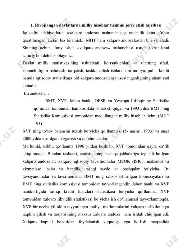 dalanish xuquqiga ega bo‘lish maqsadida mamlakatlarning iqtisodiy va moliyaviy ko‘rsatkichlarini e’lon qilishning ba’zi bir qonun qoidalarga rioya qilish uchun xvf ma’lumotlarini tarqatishning maxsus standartini ishlab chiqdi. bu va yangidan tayyorlanayotgan andoza – tarqatilayotgan statistik ma’lumotlarning sifatini baholash, iqtisodiy va moliyaviy ko‘rsatkichlarning ishonchliligini baholash andozalari ham yaratilmoqda. statistikaga oid xalqaro andozalarni milliy statistikada qo‘llanma sifatida foydalanish va ularni joriy etish xalqaro tashkilotlarga (ayniqsa iqtisodiy tashkilotlarga) a’zo bo‘lgan davlatlar uchun ahamiyatlidir: xalqaro tashkilotlarga a’zo mamlakatlar shu andozalarga asoslangan holda statistika ma’lumotlarini taqdim etish majburiyatlarini oladilar; bu andozalardan foydalanish natijasida resurslar iqtisod qilinadi, statistikani uslubiy va tashkil qilishning eng zamonaviy usullari joriy etiladi; xalqaro miqyosda taqqoslanadigan ma’lumotlarga ega bo‘linishi iqtisodiy hamkorlikni yanada rivojlantirish va xorijiy investitsiyalarni jalb qilish imkoniyatlarini yaratadi. xalqaro andozalarni joriy qilishdan yuzaga chiqadigan imkoniyatlar ва afzalliklarni e’tiborga olgan holda davlat moliya statistikasini xalqaro andozalarning tushunchalari, ko‘rsatkichlari tizimi va ularni hisoblash uslubiyati, tashkil qilishning qonun - qoidalari asosida ko‘rish lozimdir. bu …