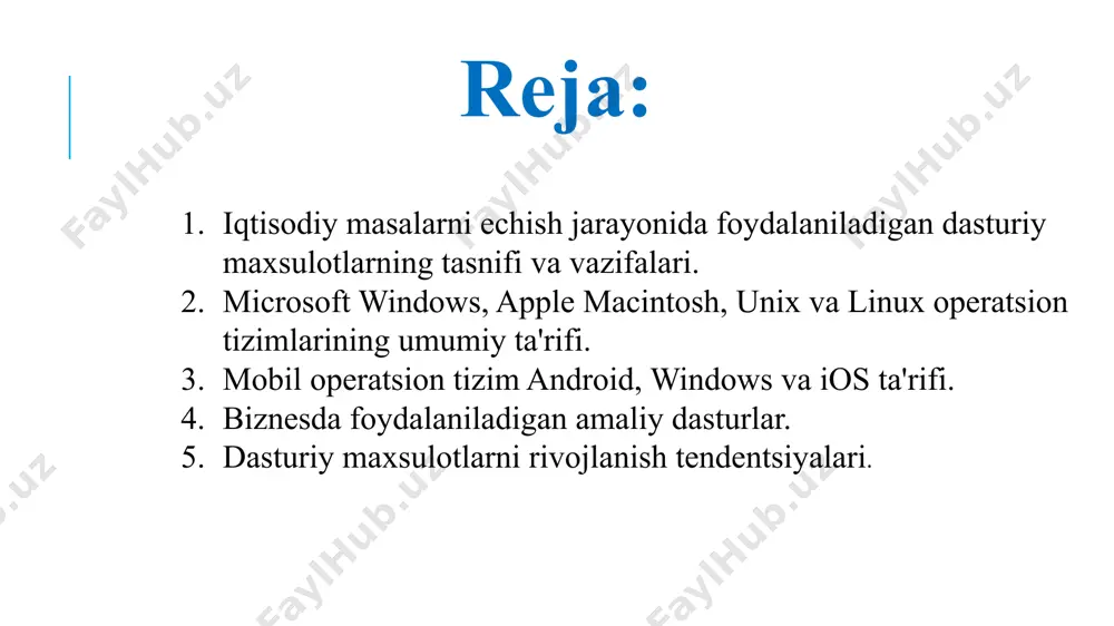 a xaq to'lanadi. оем-dasturlar (оriginal equipement manufacturer), bir nechta ishlab chiqaruvchilar foydalanadilar, kompyuterlarga o'rnatilgan yoki hisoblash uskunalari bilan ta'minlangan dasturlar. dasturiy mahsulotlarning sinflari (foydalanish printsipi bo`yicha) amaliy dastur paketlari tizimli dasturiy ta`minot dasturlash texnologiya qurollari dasturiy mahsulotlarning sinflari tizim dasturiy ta'minoti quyidagilarga qaratilgan: * boshqa dasturlarning ishlashi uchun operatsion muhit yaratish; * kompyuterning o'zi va kompyuter tarmog'ining ishonchli va samarali ishlashini ta'minlash; * kompyuter texnikasi va kompyuter tarmoqlarini diagnostikasi va oldini olish uchun; * yordamchi texnologik jarayonlarni bajarish (nusxalash, arxivlash, dastur fayllari va ma'lumotlar bazalarini tiklash va boshqalar). amaliy dasturiy ta`minot (adp) - funktsional muammolarni hal qilish uchun dasturiy vositalar bo'lib xizmat qiladi va dasturiy mahsulotlarning eng ko'p sonli sinfidir. ushbu sinfga turli mavzulardagi ma'lumotlarni qayta ishlaydigan dasturiy mahsulotlar kiradi. dasturlash texnologiyalari bo'yicha vositalar to'plami dasturiy ta'minotni ishlab chiqish jarayonini ta'minlaydi va ishlab chiquvchi vositalar bo'lgan maxsus dasturiy mahsulotlarni o'z ichiga oladi tizimli dasturiy ta`minot bazaviy dasturiy ta`minot servisliy dasturiy …