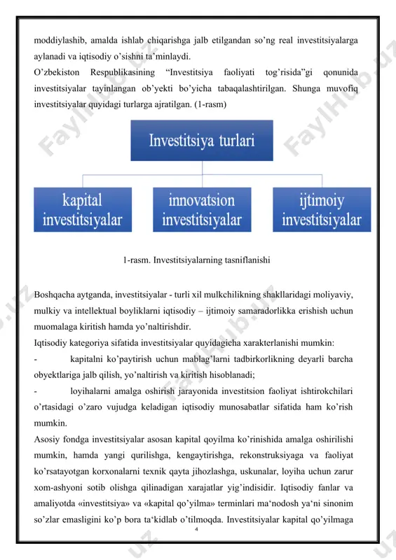 na va asbob uskunalarga hamda shu bilan bog’liq bo`lgan aylanma kapitalning o`zgarishiga ketgan harajatlardir. investitsiyalar xususiy sektor va davlat tomonidan mamlakat ichkarisida va uning tashqarisida turli ishlab chiqarishlarga va qimmatbaho qog’ozlarga (aktsiyalar, obligatsiyalar) qo’yilishi mumkin. investitsiya jarayoni – bo’sh sarmoyaga ega bo’lganlar bilan sarmoya talab qilayotganlarning uchrashish jarayoni. ikkala tomon, odatda, moliyaviy institutlarda yoki moliyaviy bozorda uchrashadilar. ayrim vaqtda, xususan, mulkiy qiymatlar (masalan, ko’chmas mulk) bilan bitim imzolanganda sotuvchi va xaridorlar bevosita muomalaga kirishadilar. investitsiya ob’yekti deyilganda, mablag’larni, yaniy qonun doirasidagi barcha boyliklar safarbar qilinayotgan ob’yektlar tushiniladi, ular yangi korxonalar yoki amalda faoliyat yuritayotgan korxonalar, qimmatli qog’ozlar, bank depozitlari, intellektual mulk va boshqalar bo’lishi mumkin. investitsiya subyektlari – investitsiya faoliyatida ishtirok etuvchi mulkiy va intellektual boyliklarga ega bo’lgan jismoniy, huquqiy shaxslar va davlatdir. odatda, har qanday investitsion faoliyat muayyan maqsadga yo’naltirilgan, mukammal darajada yaratilgan investitsiya g’oyasiga asoslanadi. mukammal darajada shakllantirilgan va asoslangan investitsiya g’oyasi investitsiya loyihasining qaror topishiga olib keladi. …
